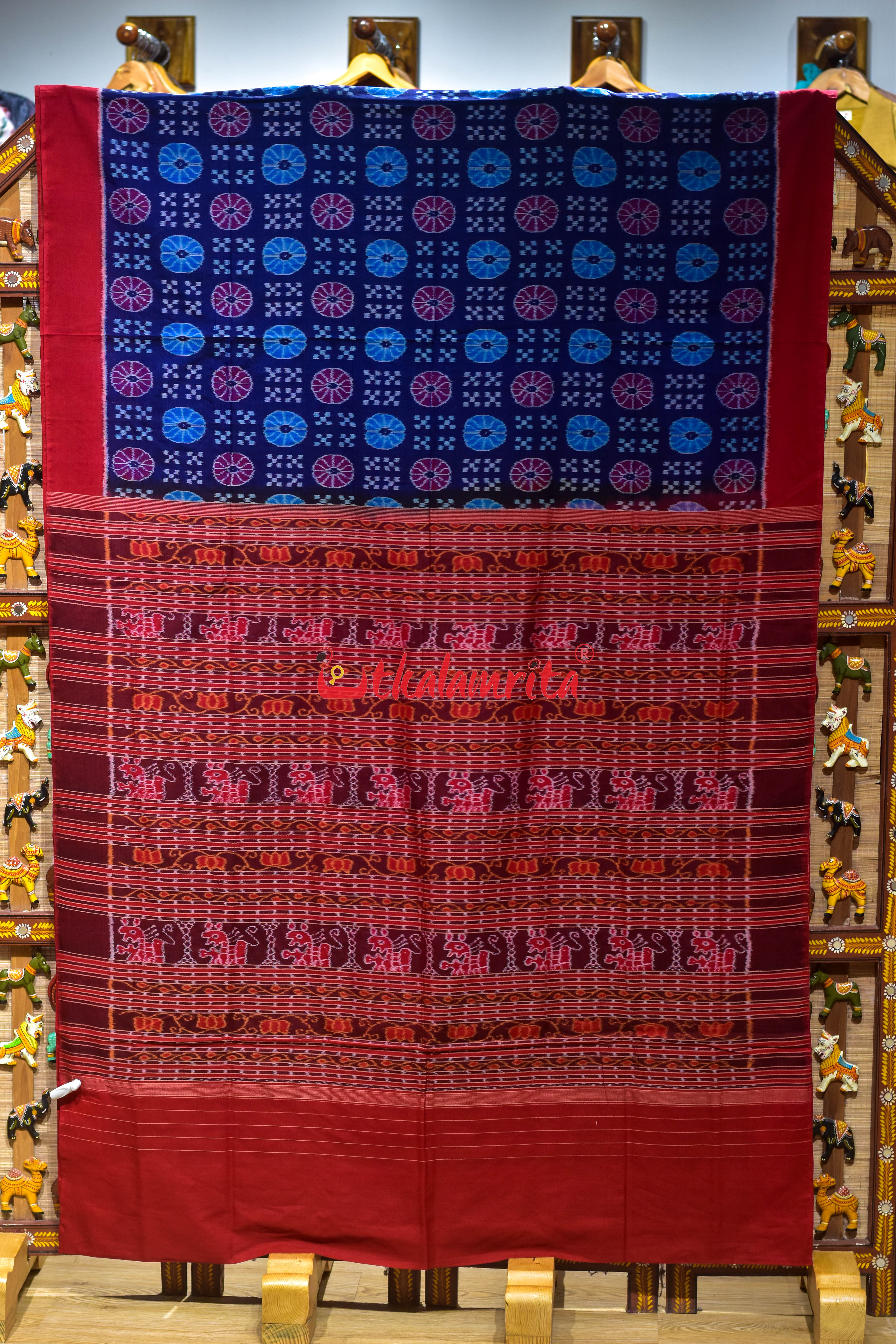 Blue Plain Border Pasapali Sambalpuri Cotton Saree