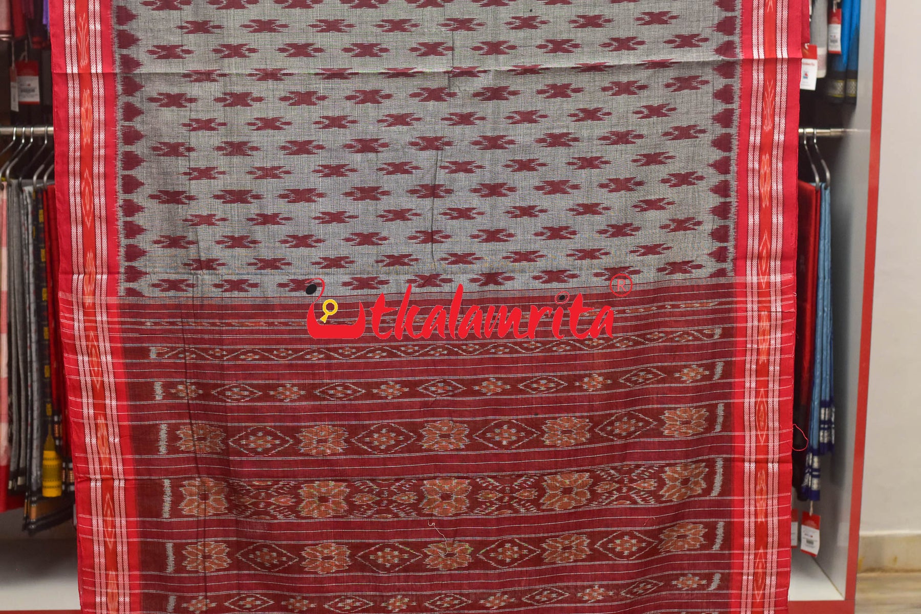 Grey Maroon Body Bandha Khandua Cotton Saree