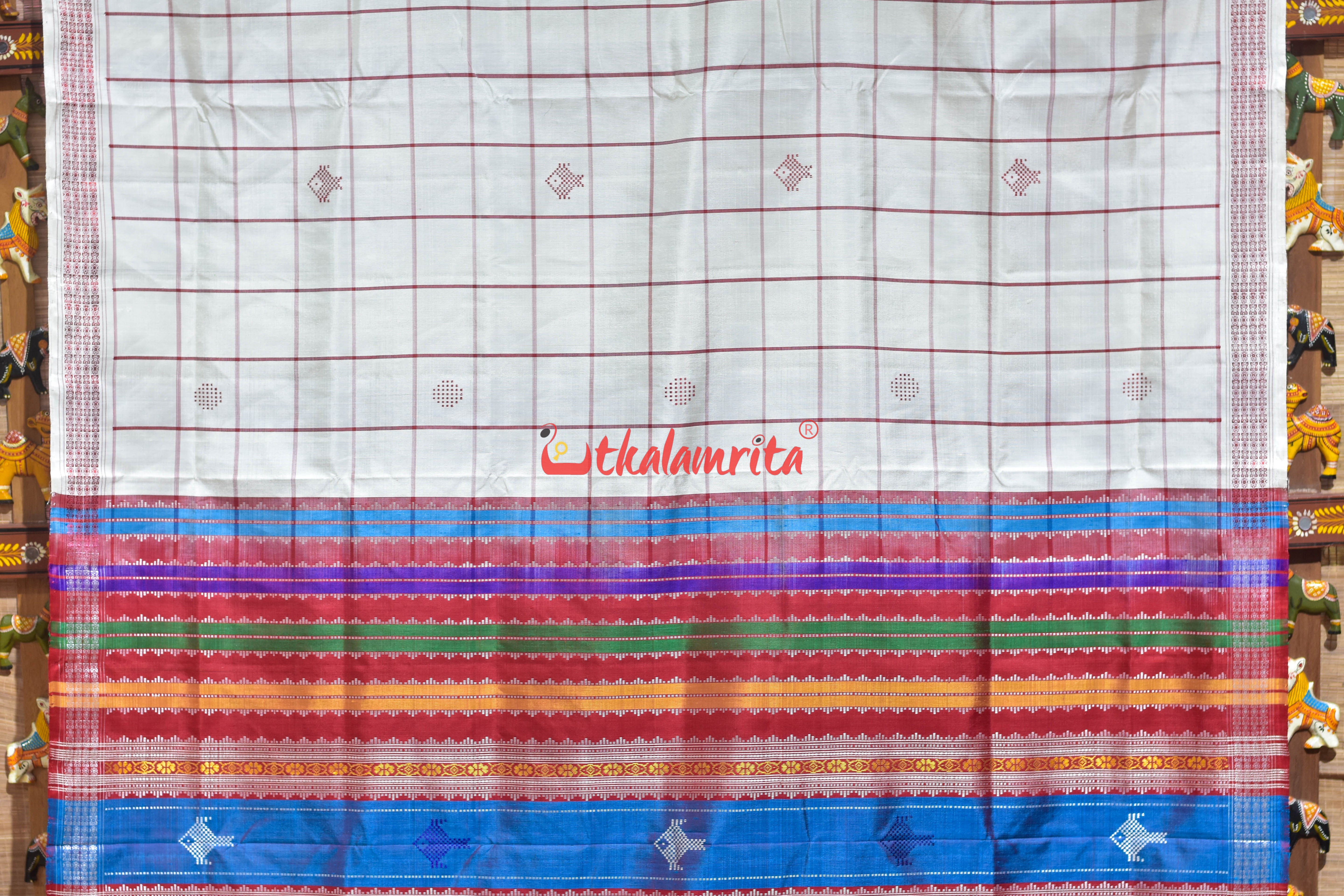 Off White Red Double Anchal Berhampuri Silk Saree