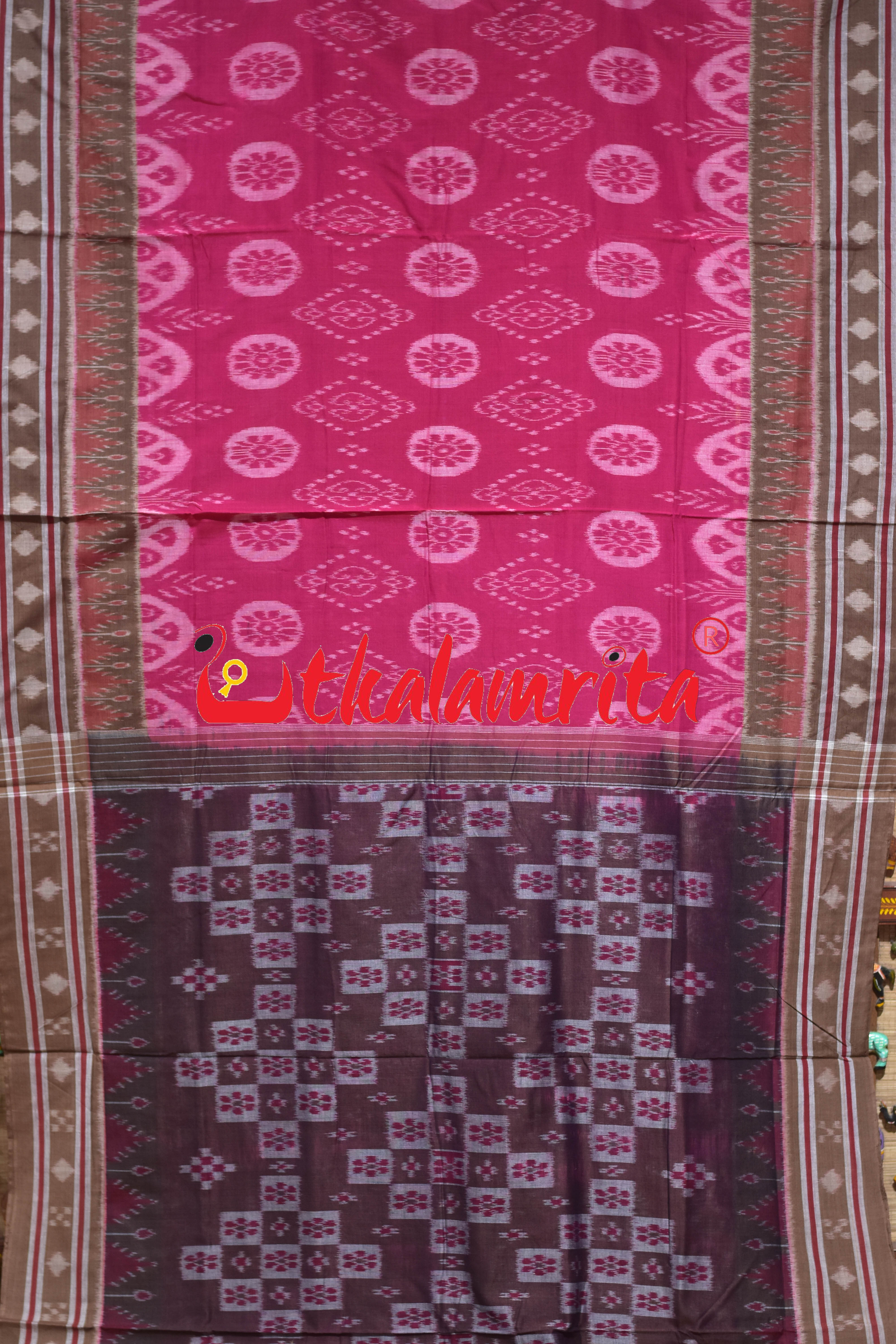 Raspberry Pink Flower Bandha Khandua Cotton Sraee