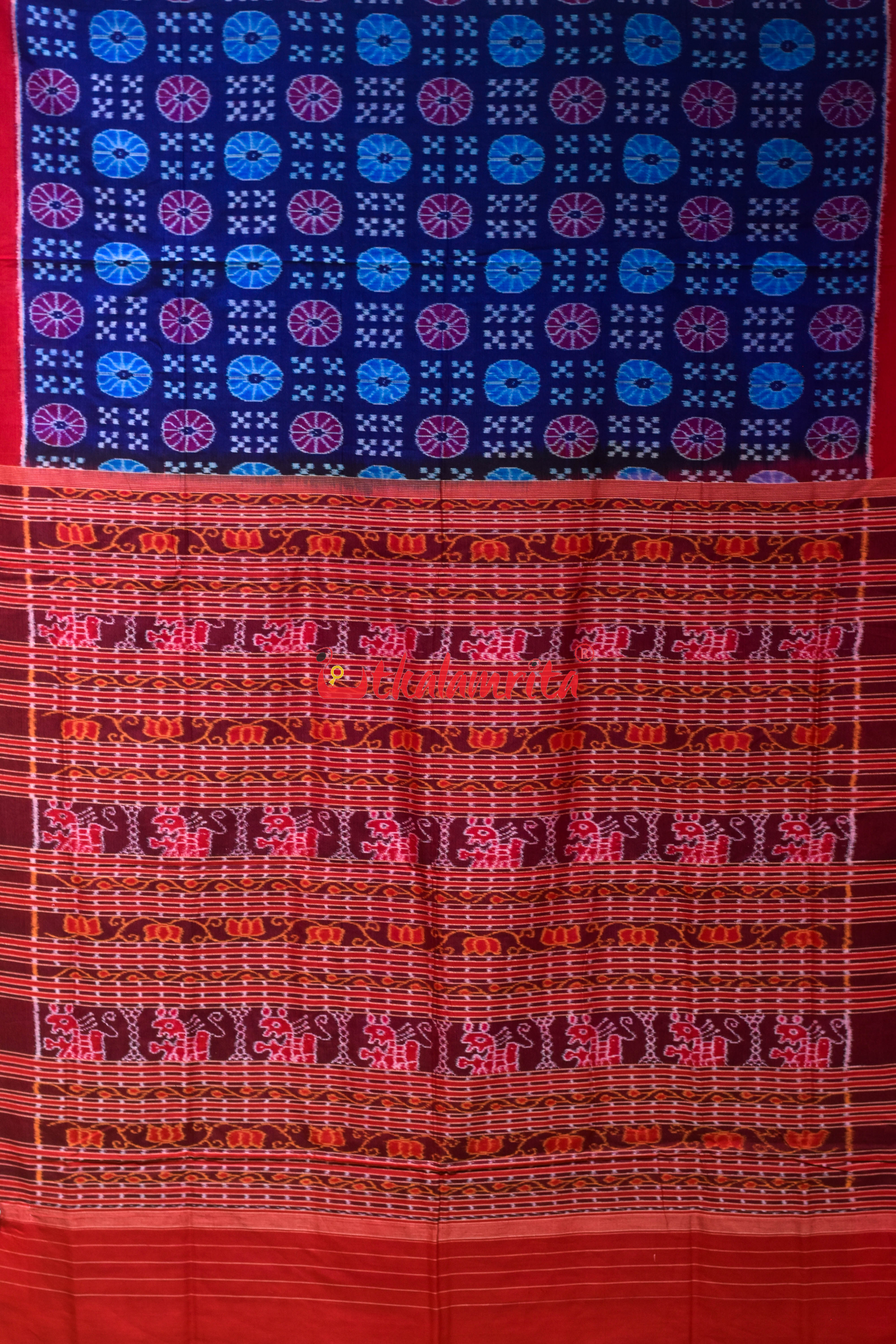 Blue Plain Border Pasapali Sambalpuri Cotton Saree