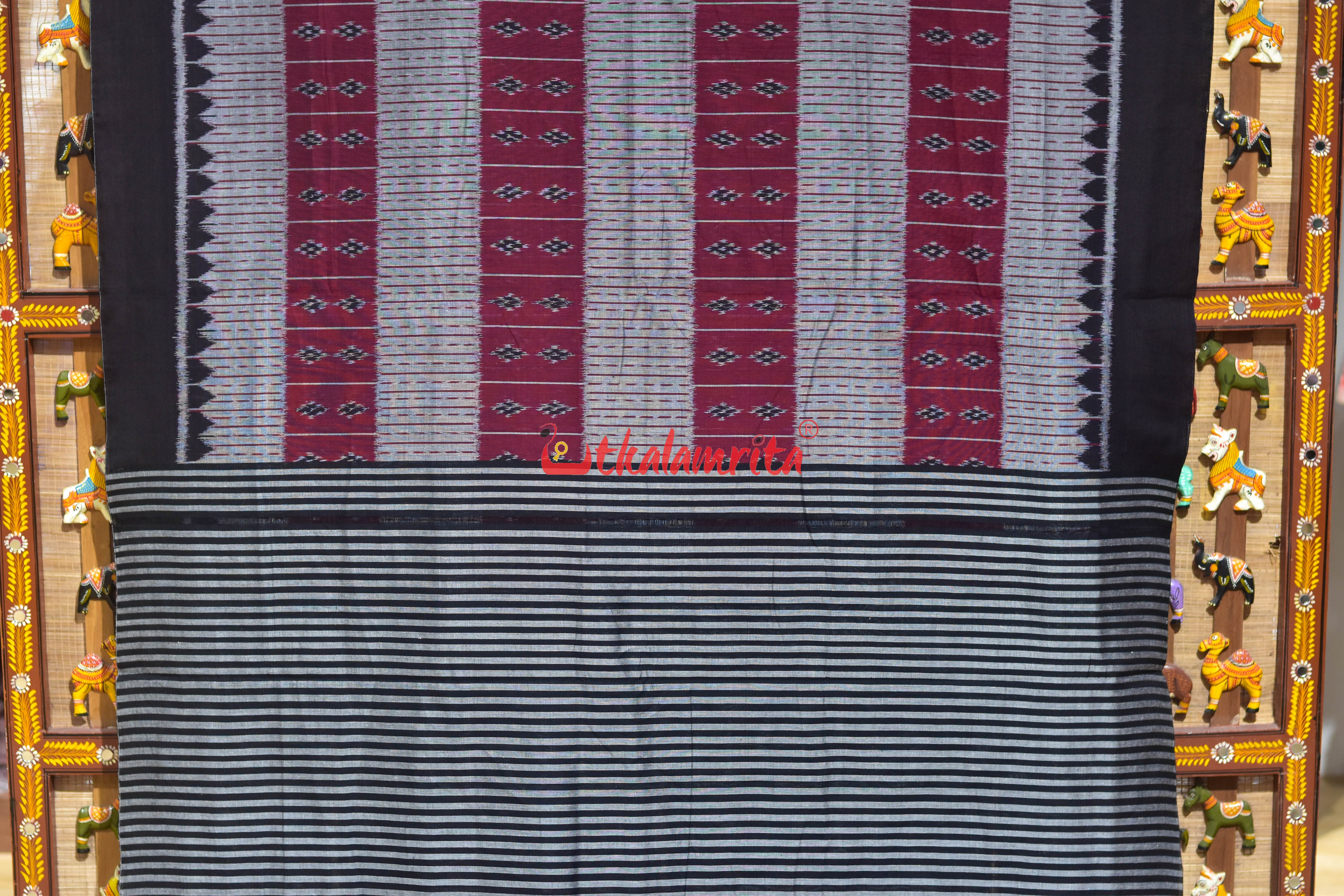 9D Single Ikat Pasapali Grey Maroon Cotton Saree