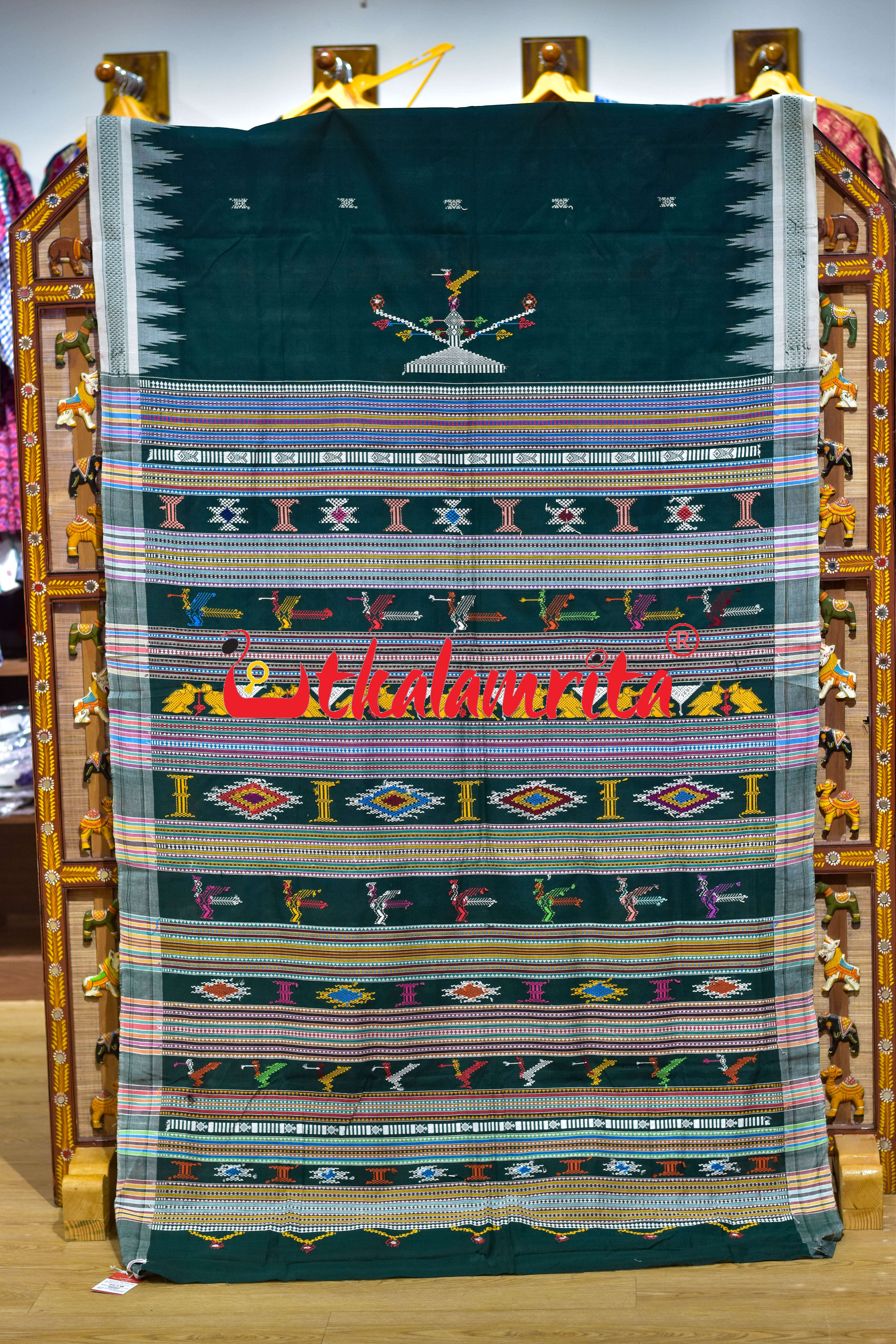 Green White Border Ganjam Bomkai Cotton Saree