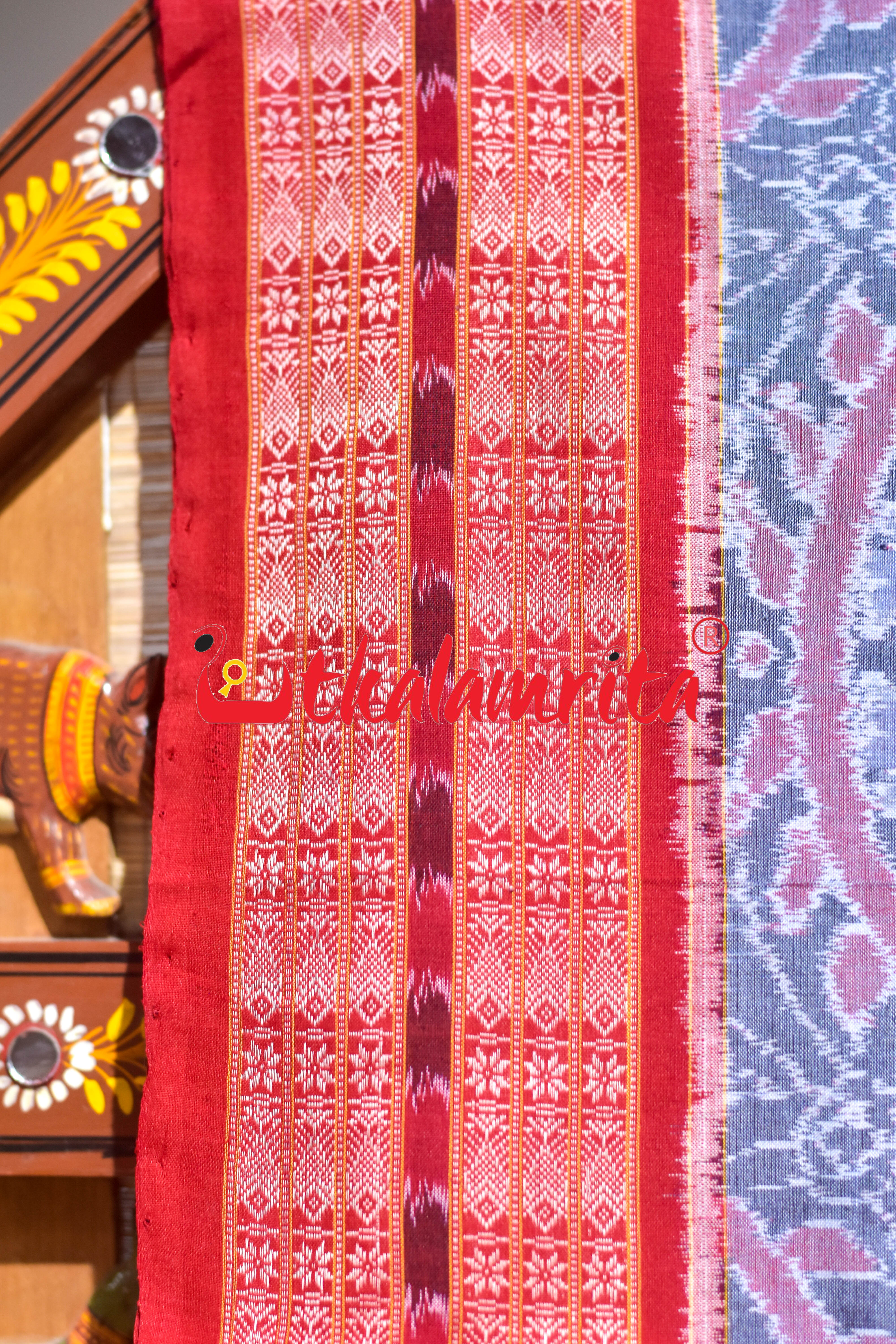 Grey Red Lion Parrot Sambalpuri Cotton Saree