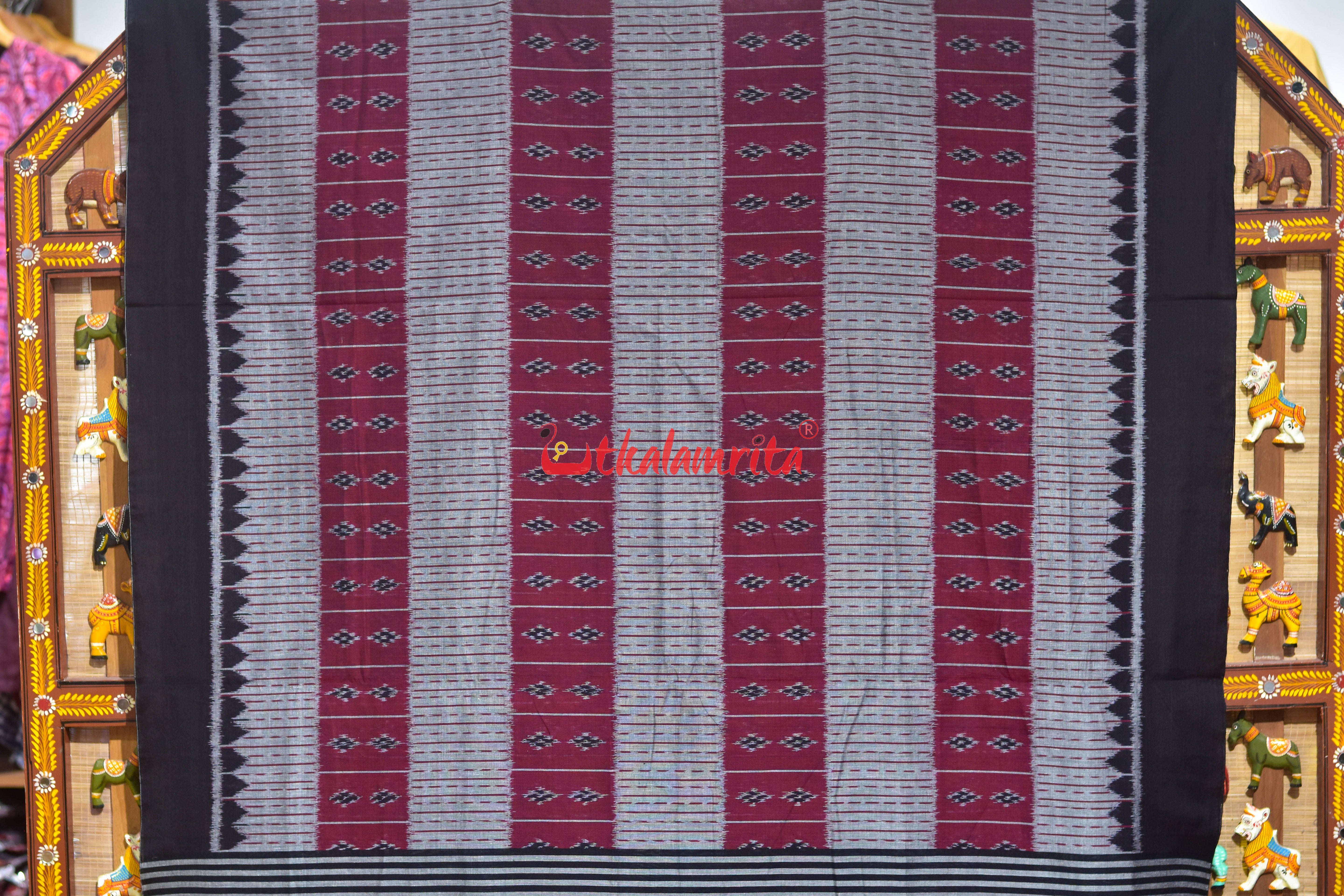 9D Single Ikat Pasapali Grey Maroon Cotton Saree