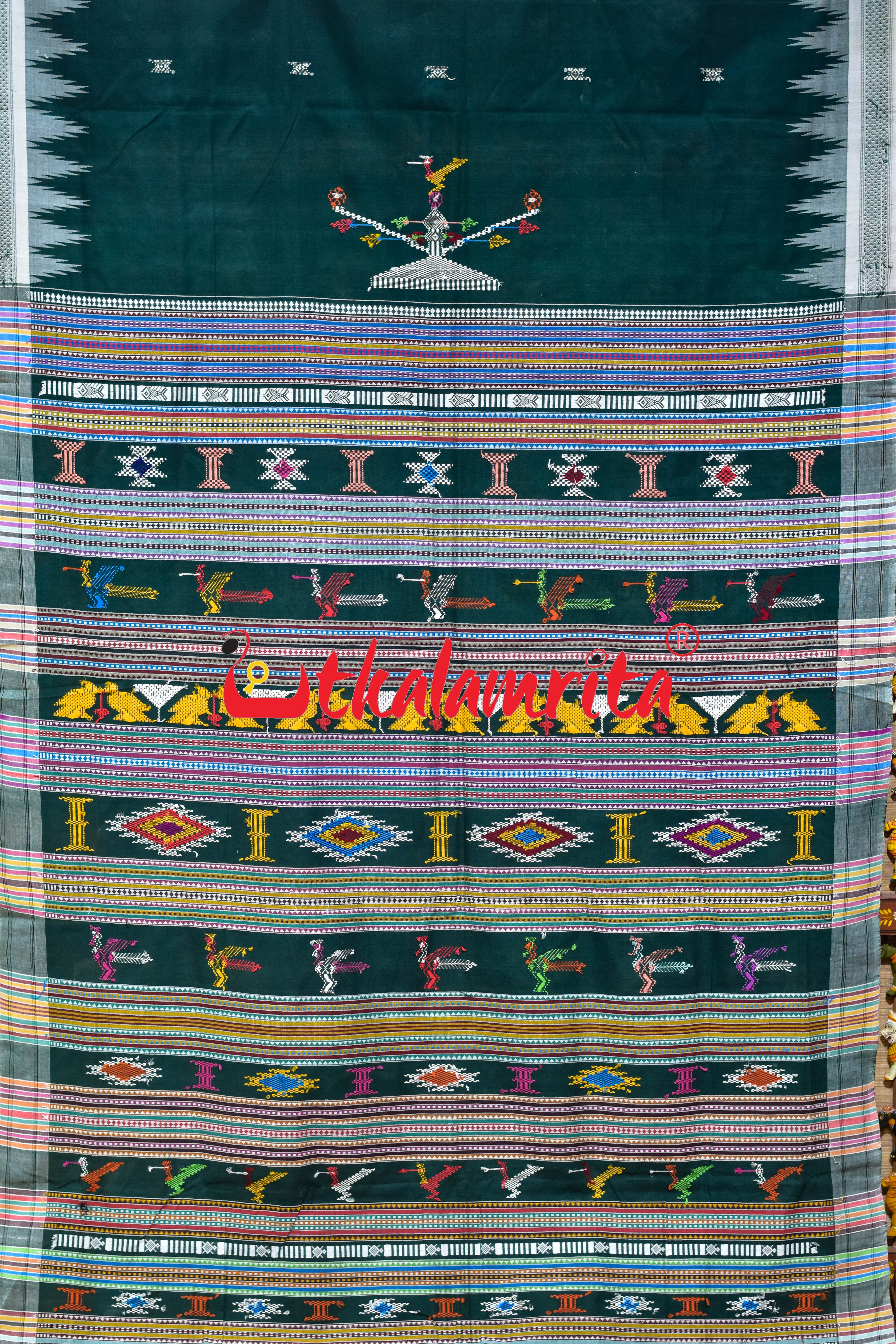 Green White Border Ganjam Bomkai Cotton Saree