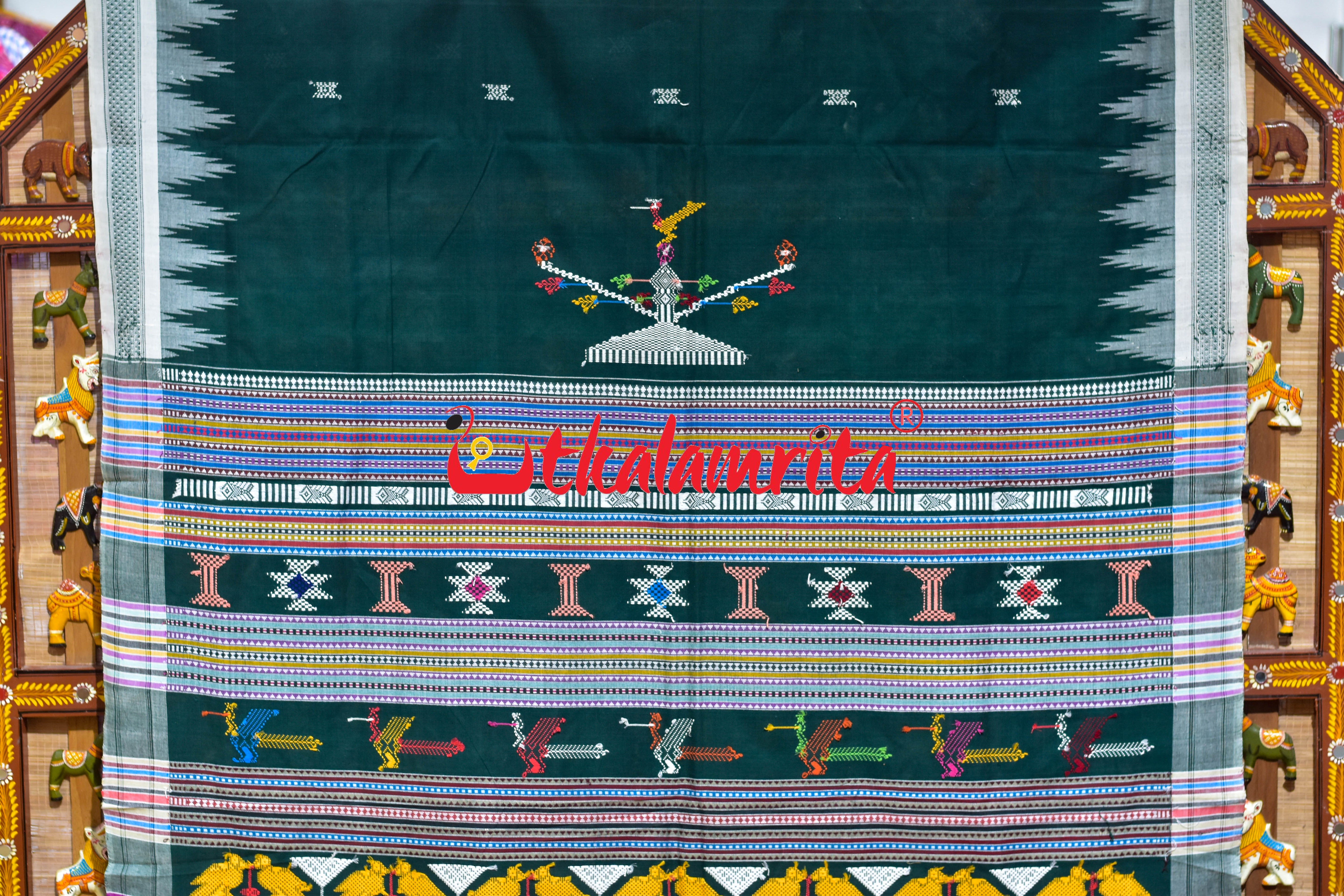 Green White Border Ganjam Bomkai Cotton Saree