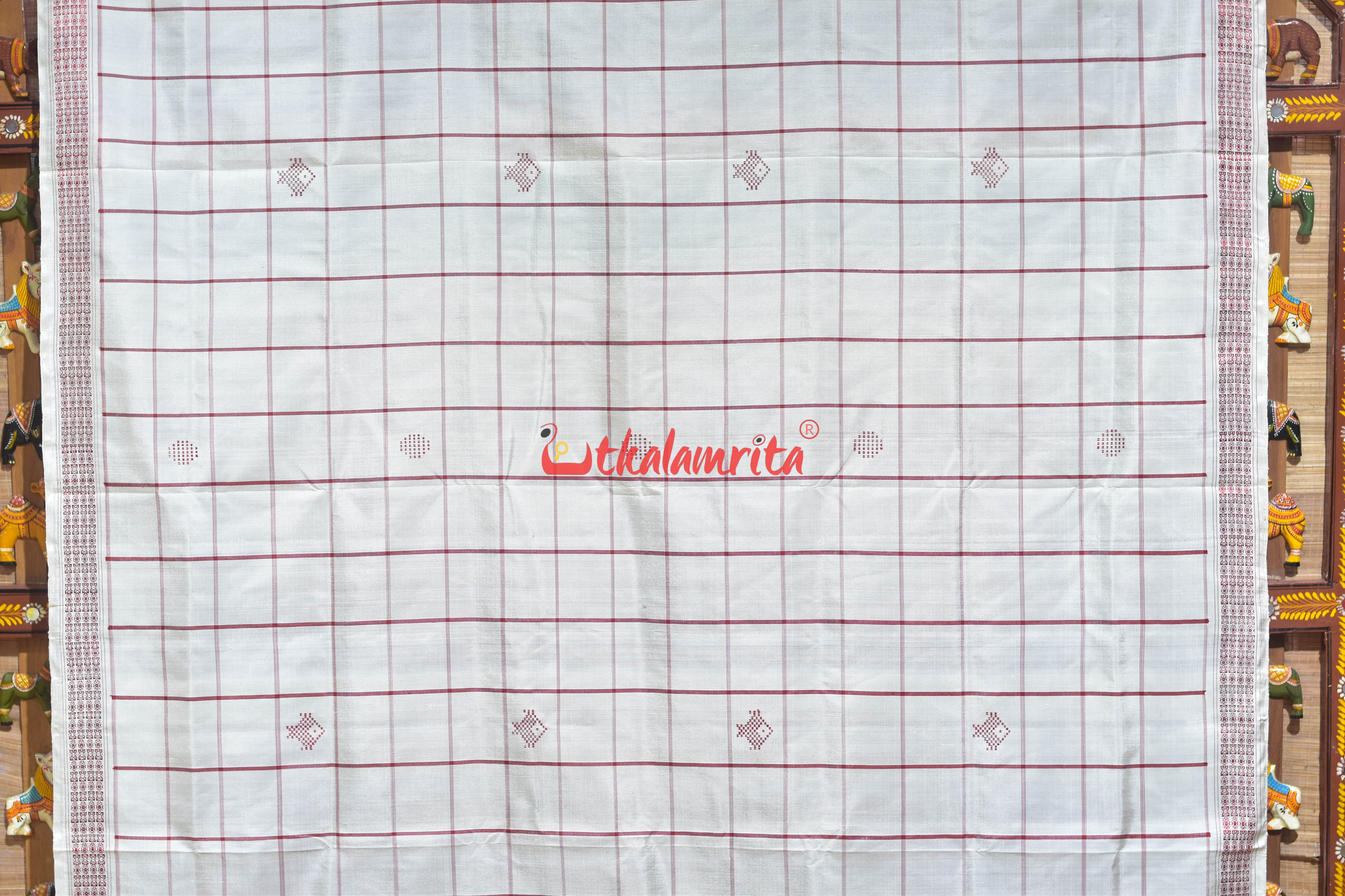 Off White Red Double Anchal Berhampuri Silk Saree