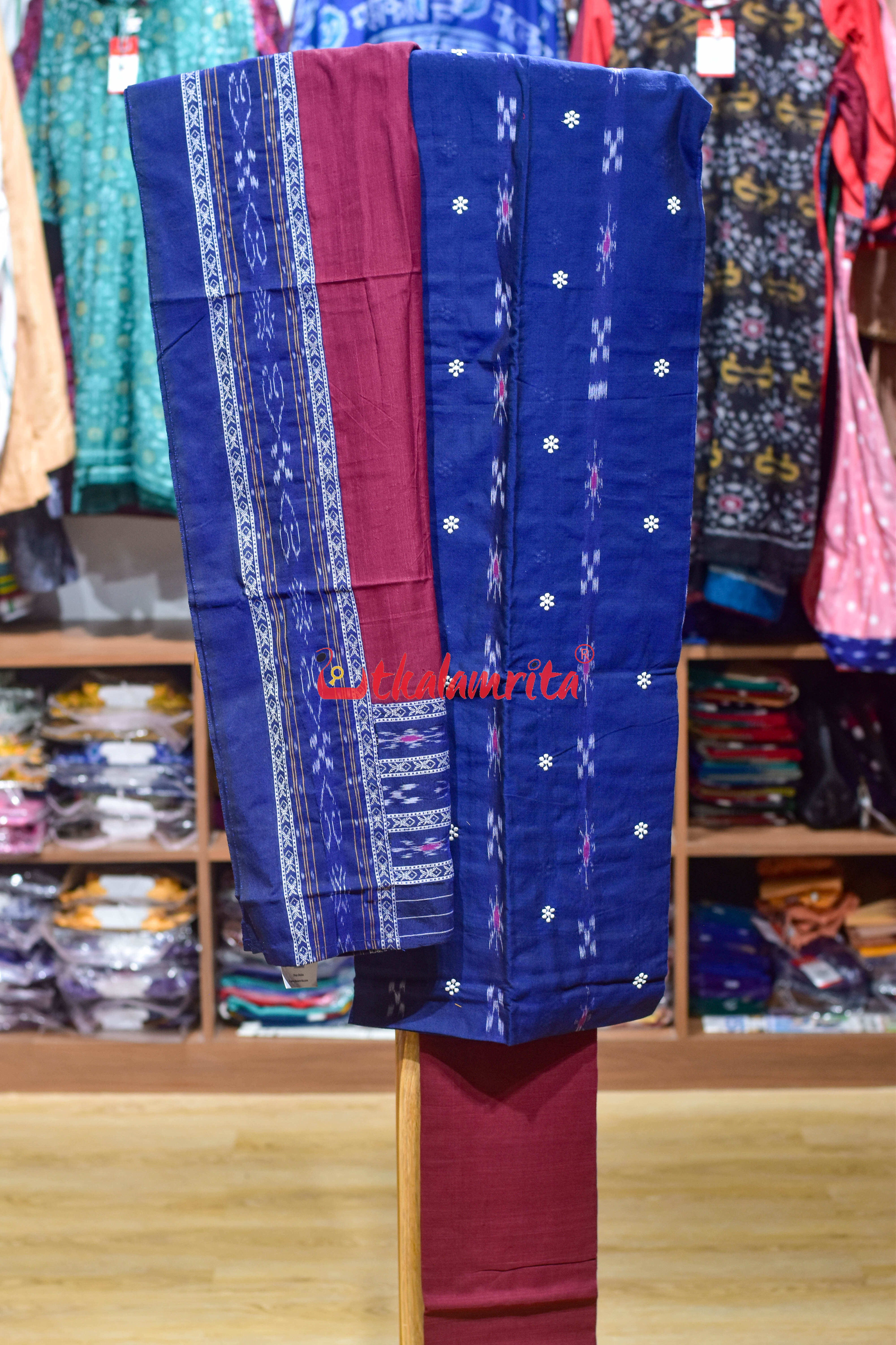 Blue Maroon Simple Pasapali Flower Dress Set