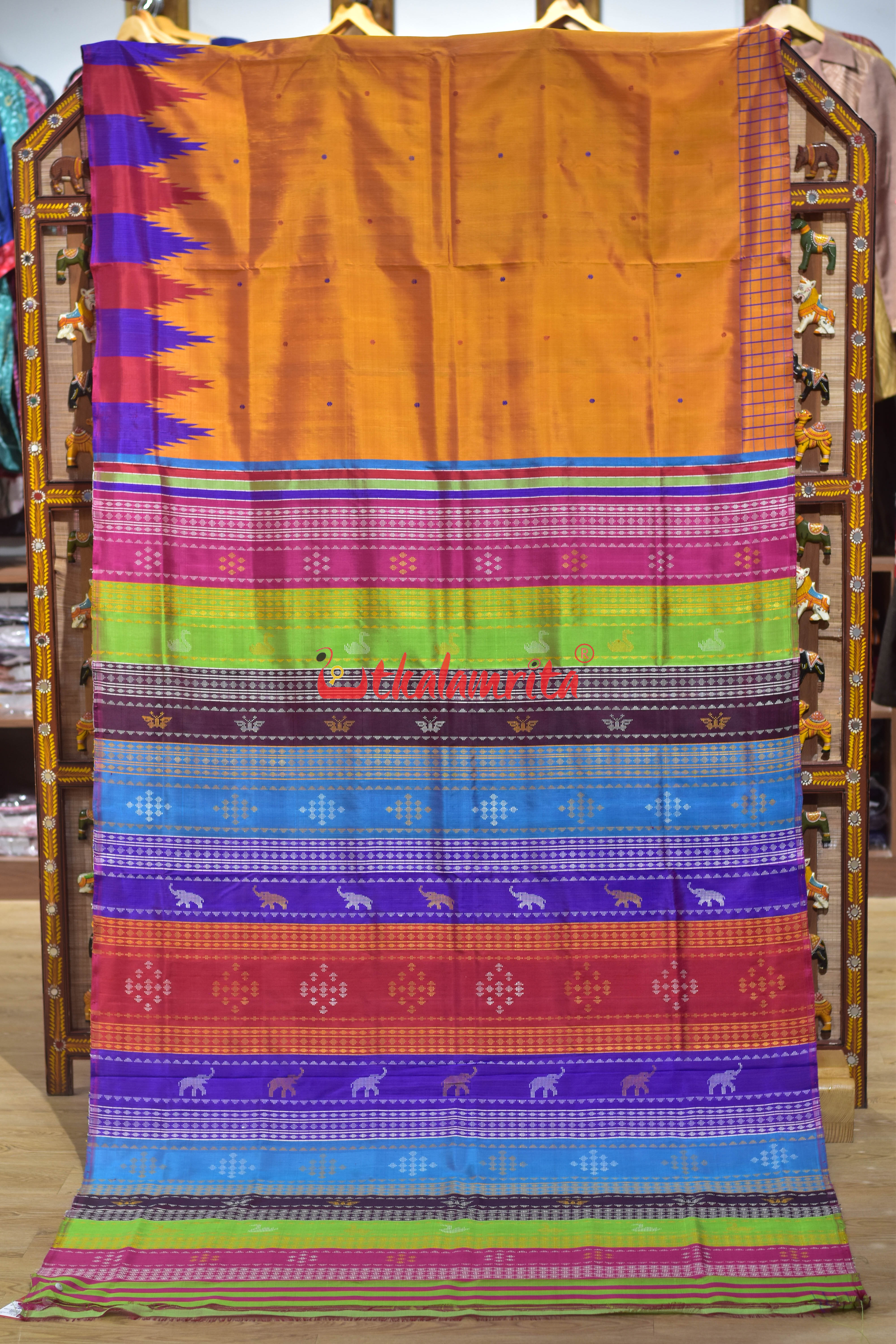 Orange with Multicolor Temple Border Double Anchal Berhampuri Silk Saree