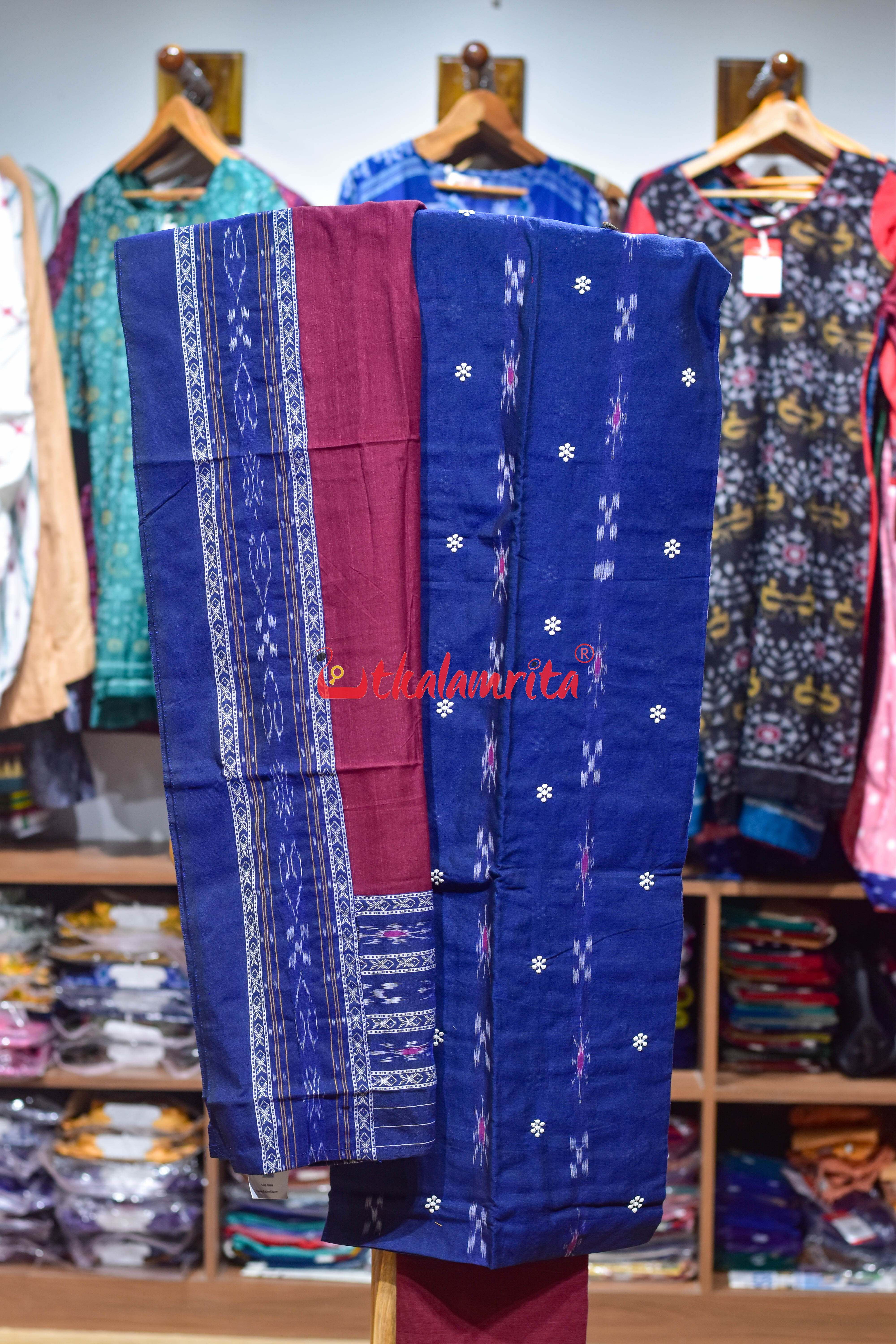 Blue Maroon Simple Pasapali Flower Dress Set