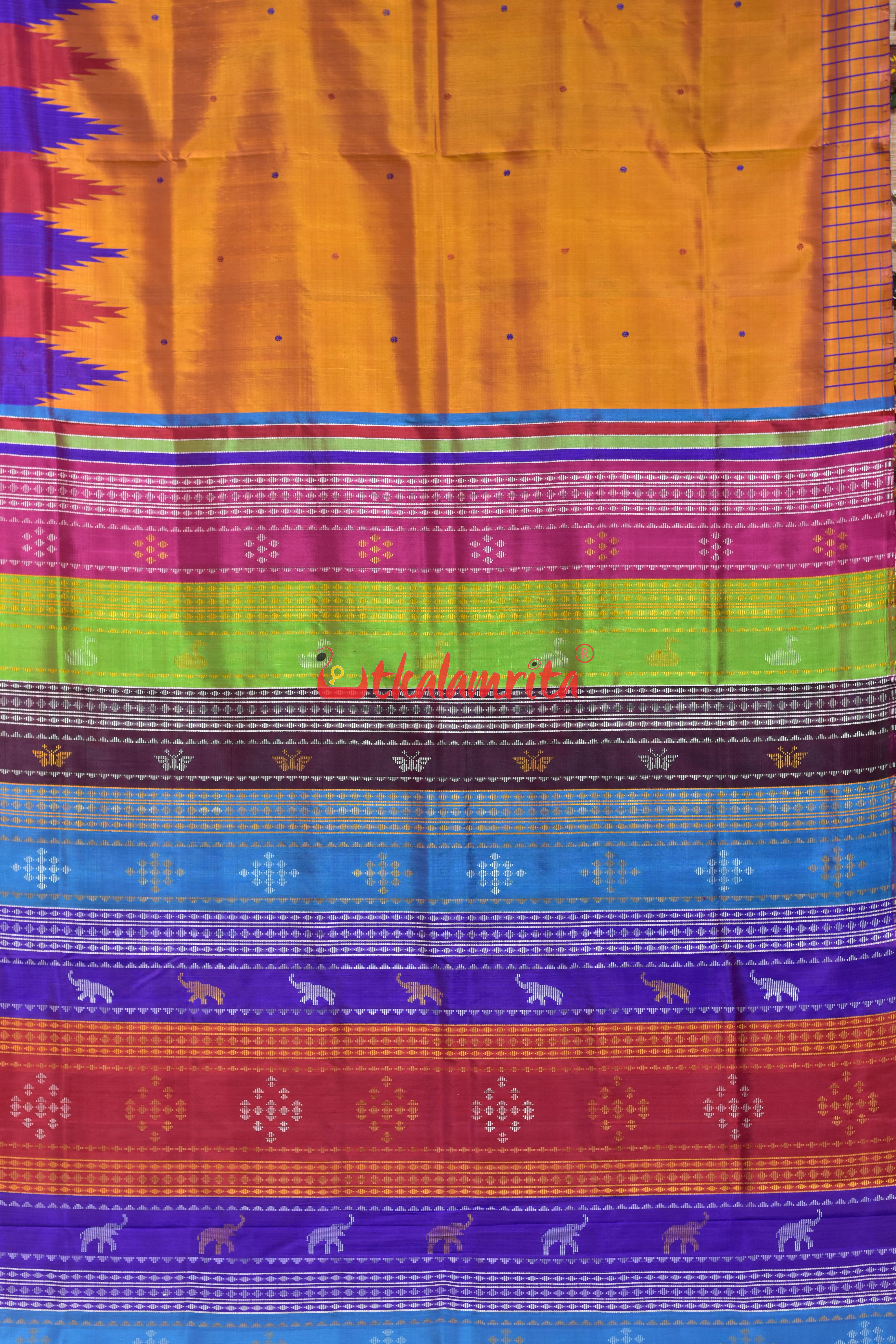 Orange with Multicolor Temple Border Double Anchal Berhampuri Silk Saree