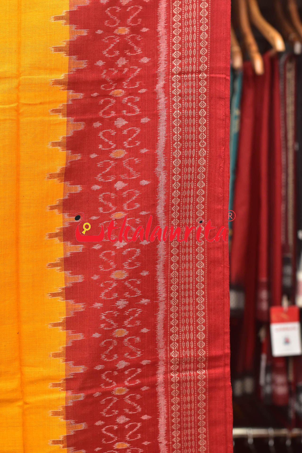 S Design Red Yellow Sambalpuri Cotton Dress Set