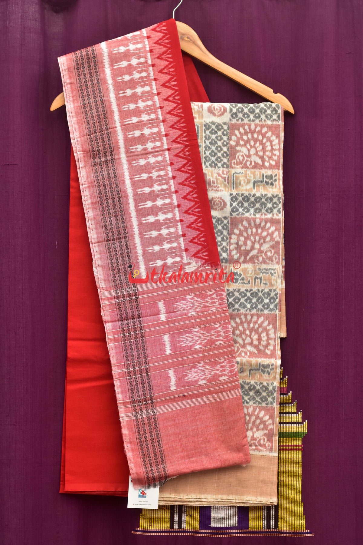Red Grey Bandha Sambalpuri Dress Set