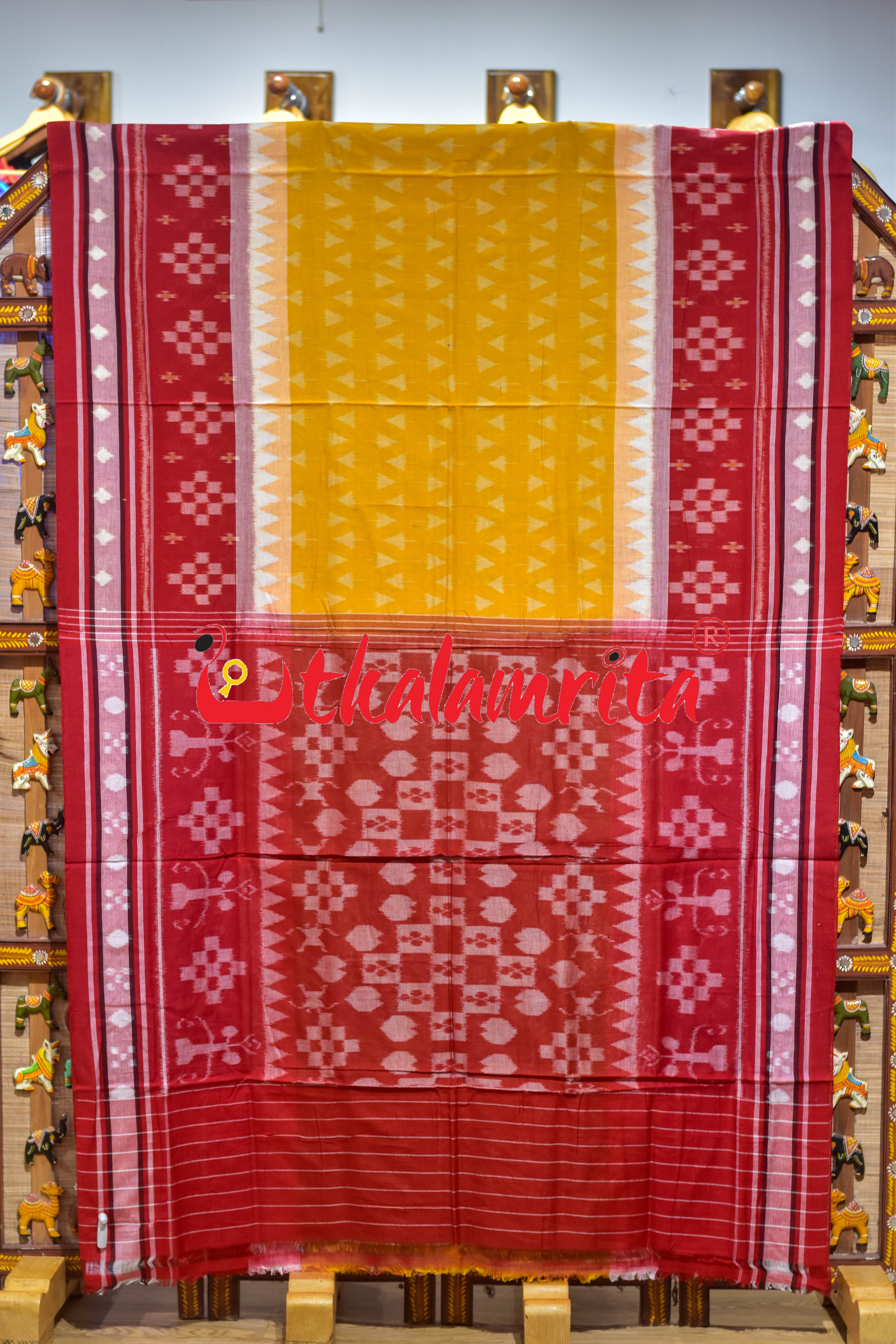 Yellow Red Middle Pasapali Khandua Cotton Saree
