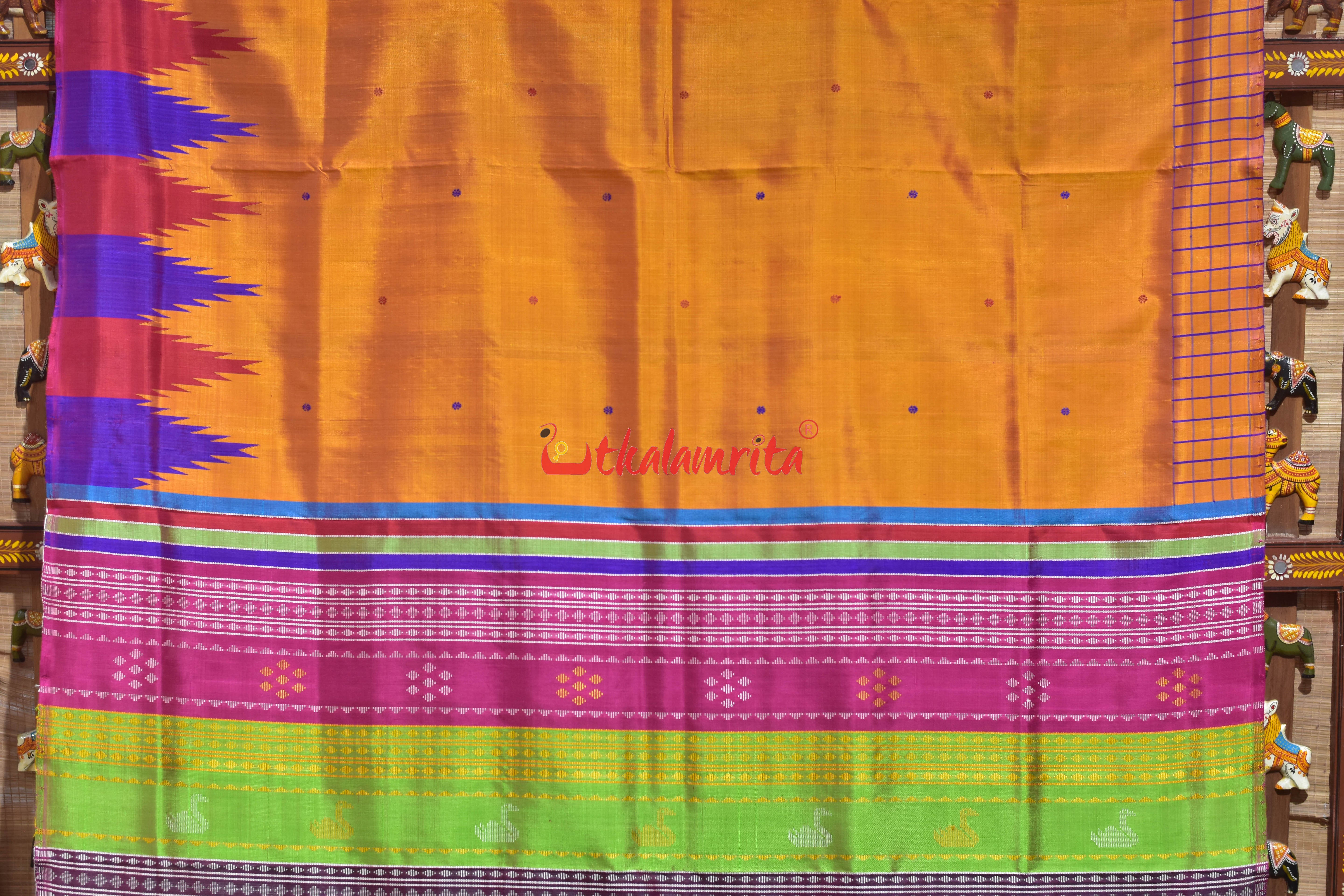 Orange with Multicolor Temple Border Double Anchal Berhampuri Silk Saree