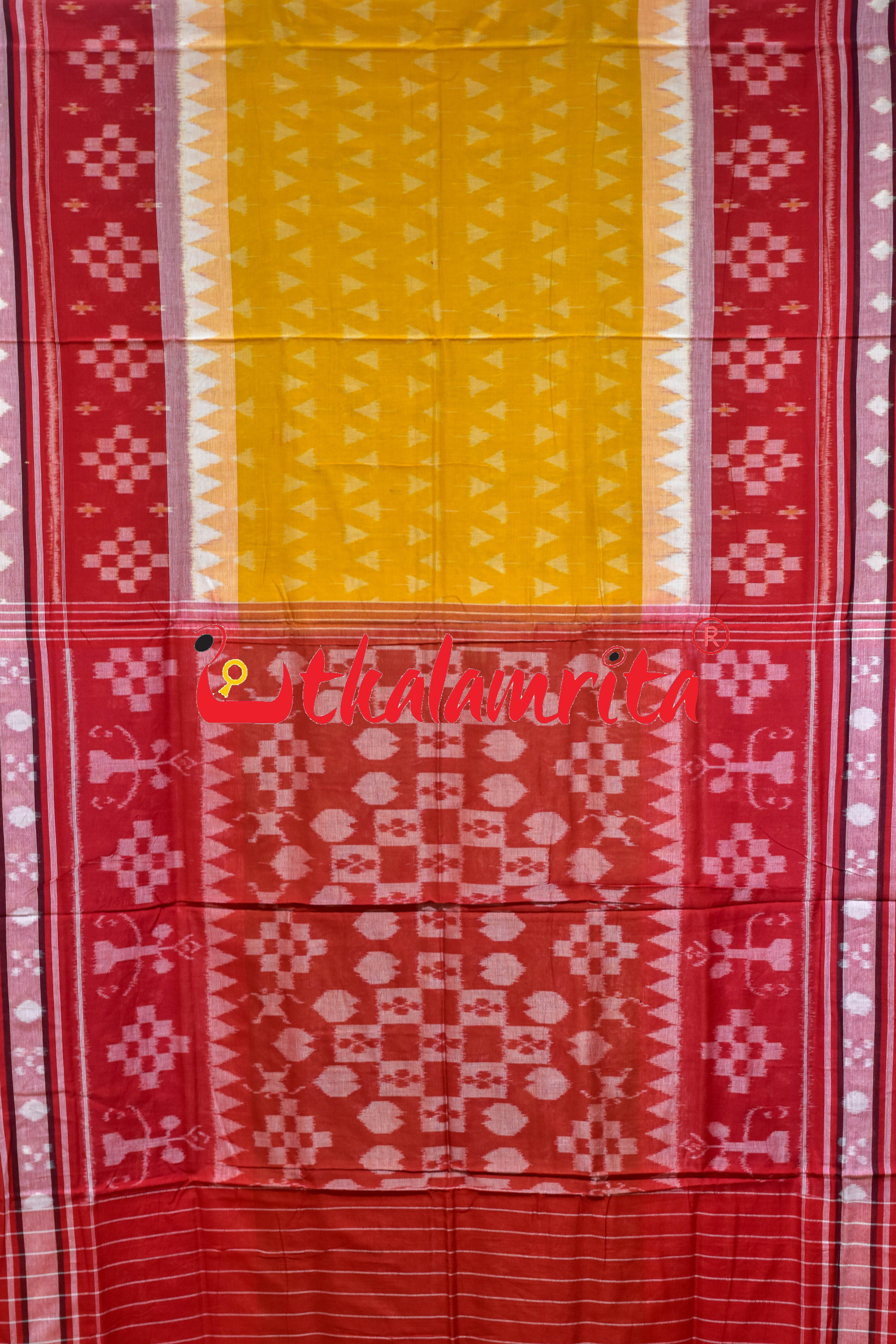 Yellow Kulfi Design Double Border Khandua Cotton Saree
