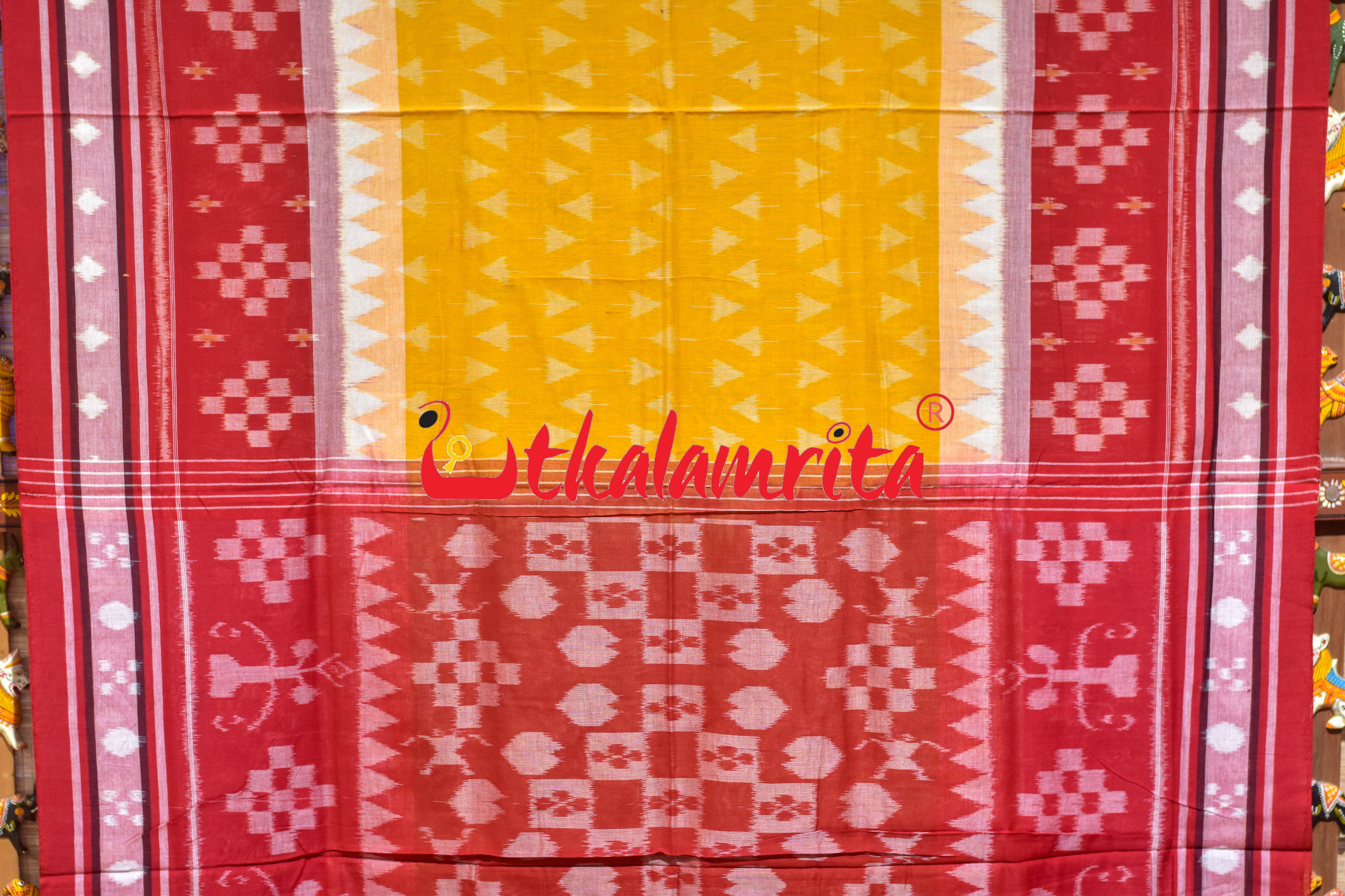 Yellow Kulfi Design Double Border Khandua Cotton Saree