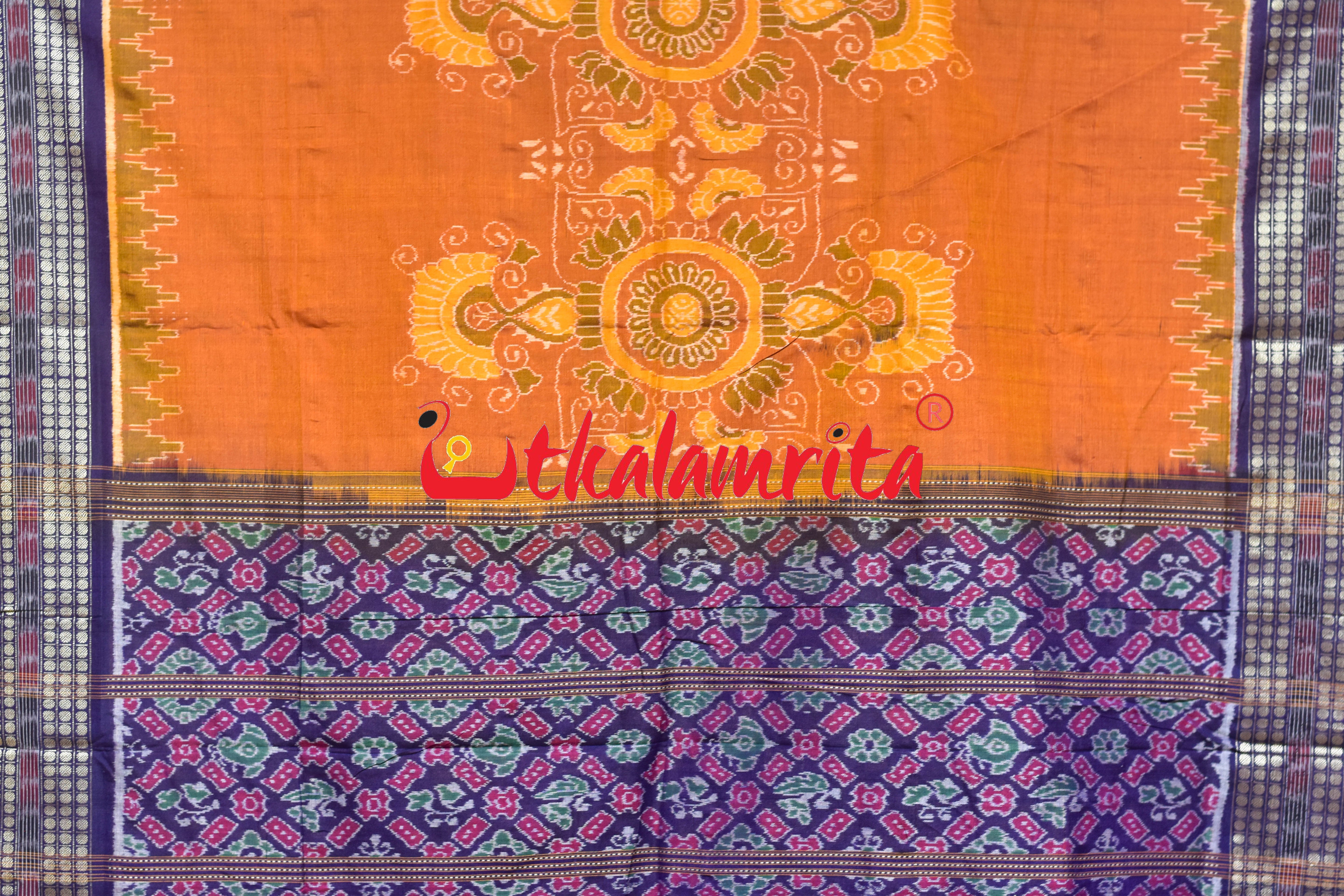 Mustard Blue Middle Jhoti Sambalpuri Cotton Saree