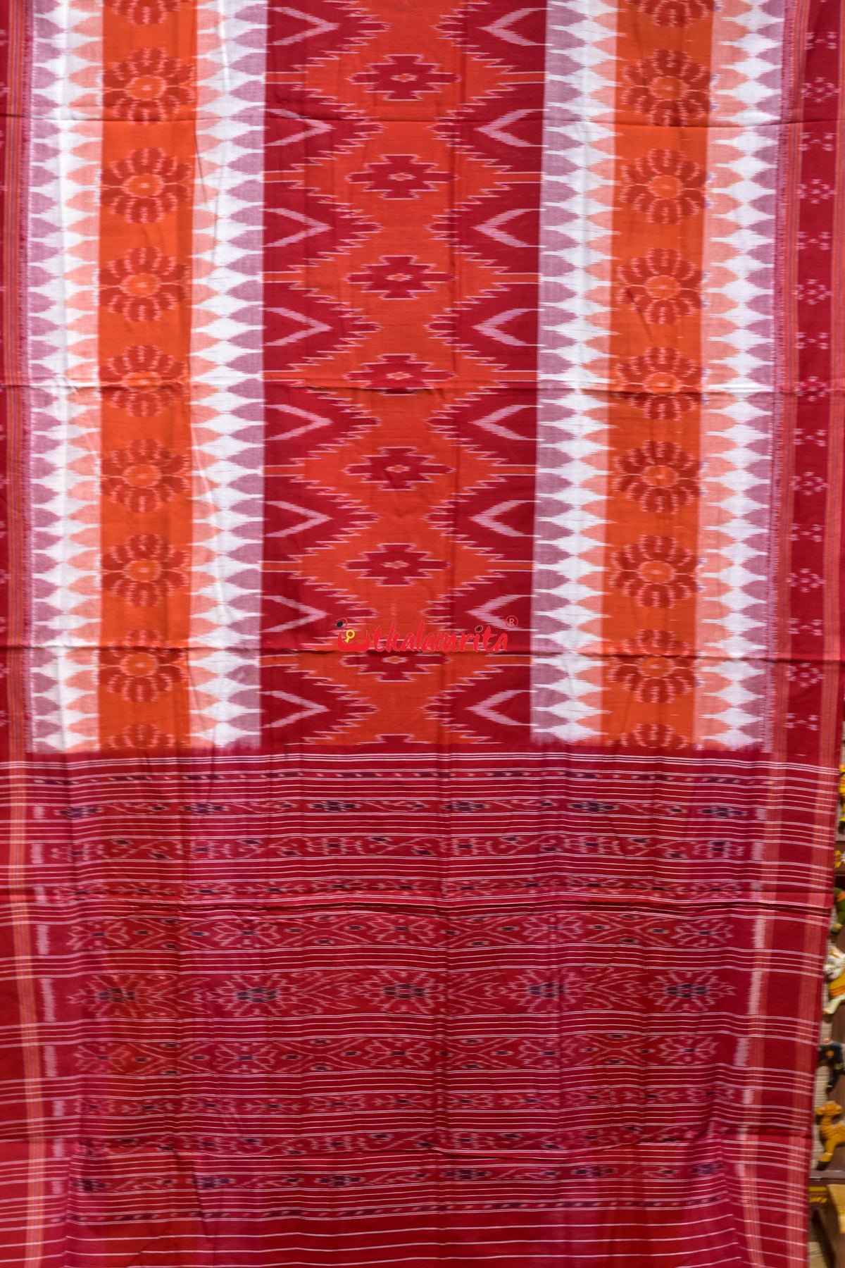 White Orange 7D Body Bandha Khandua Cotton Saree