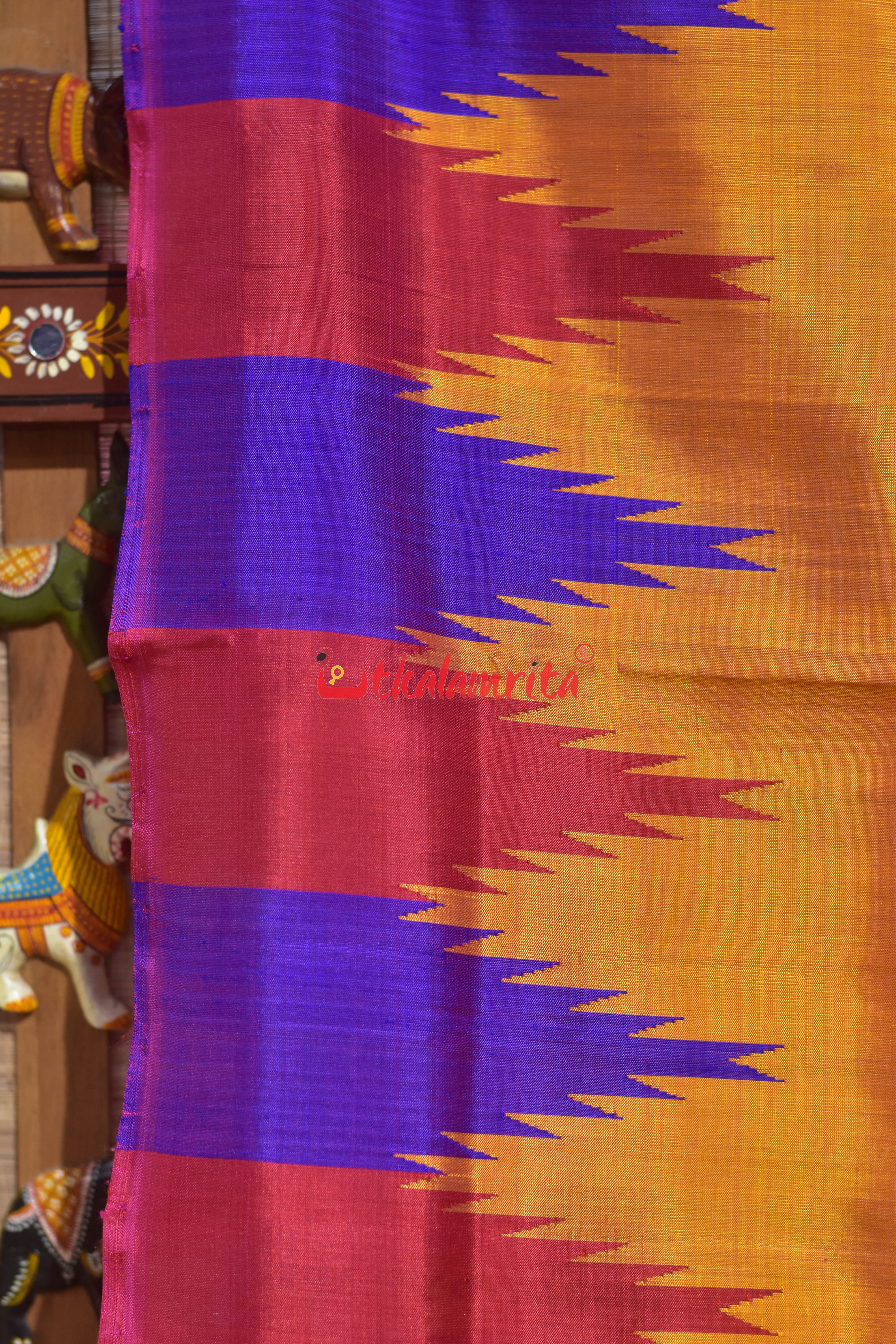 Orange with Multicolor Temple Border Double Anchal Berhampuri Silk Saree