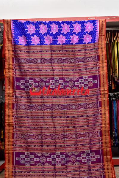 Blue Body Lotus Double Anchal Khandua Silk Saree