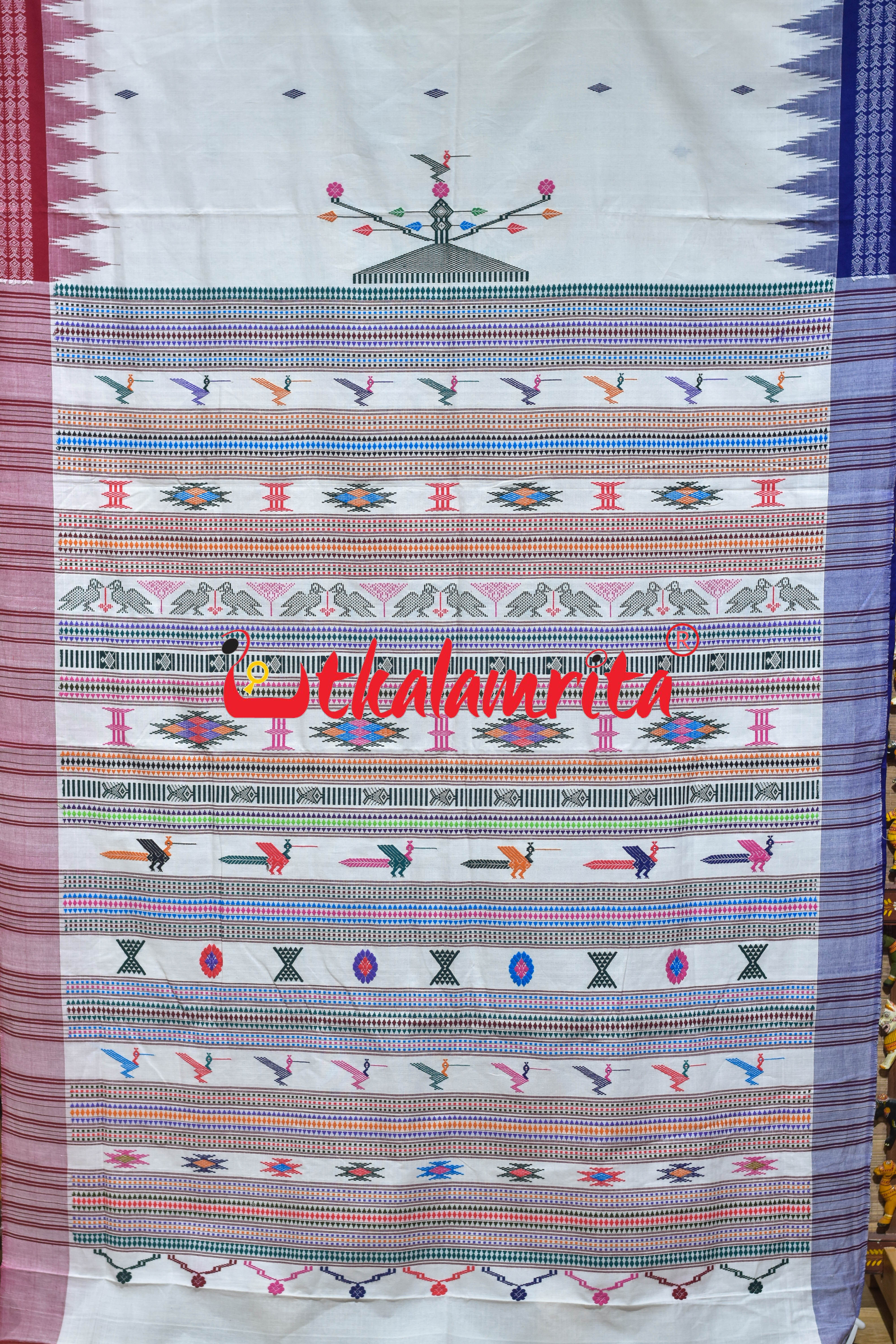 White Double Border Ganjam Bomkai Cotton Saree
