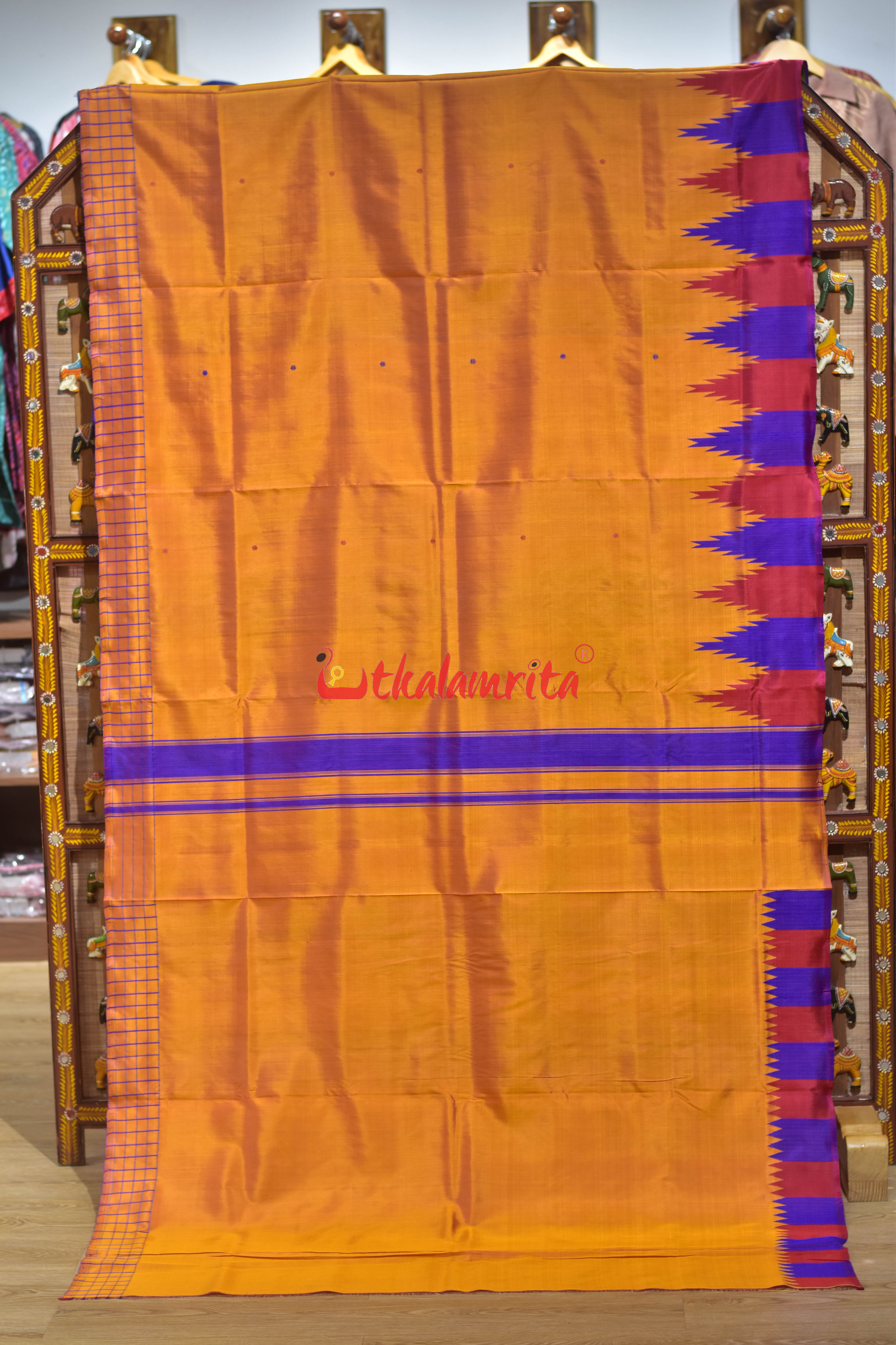 Orange with Multicolor Temple Border Double Anchal Berhampuri Silk Saree