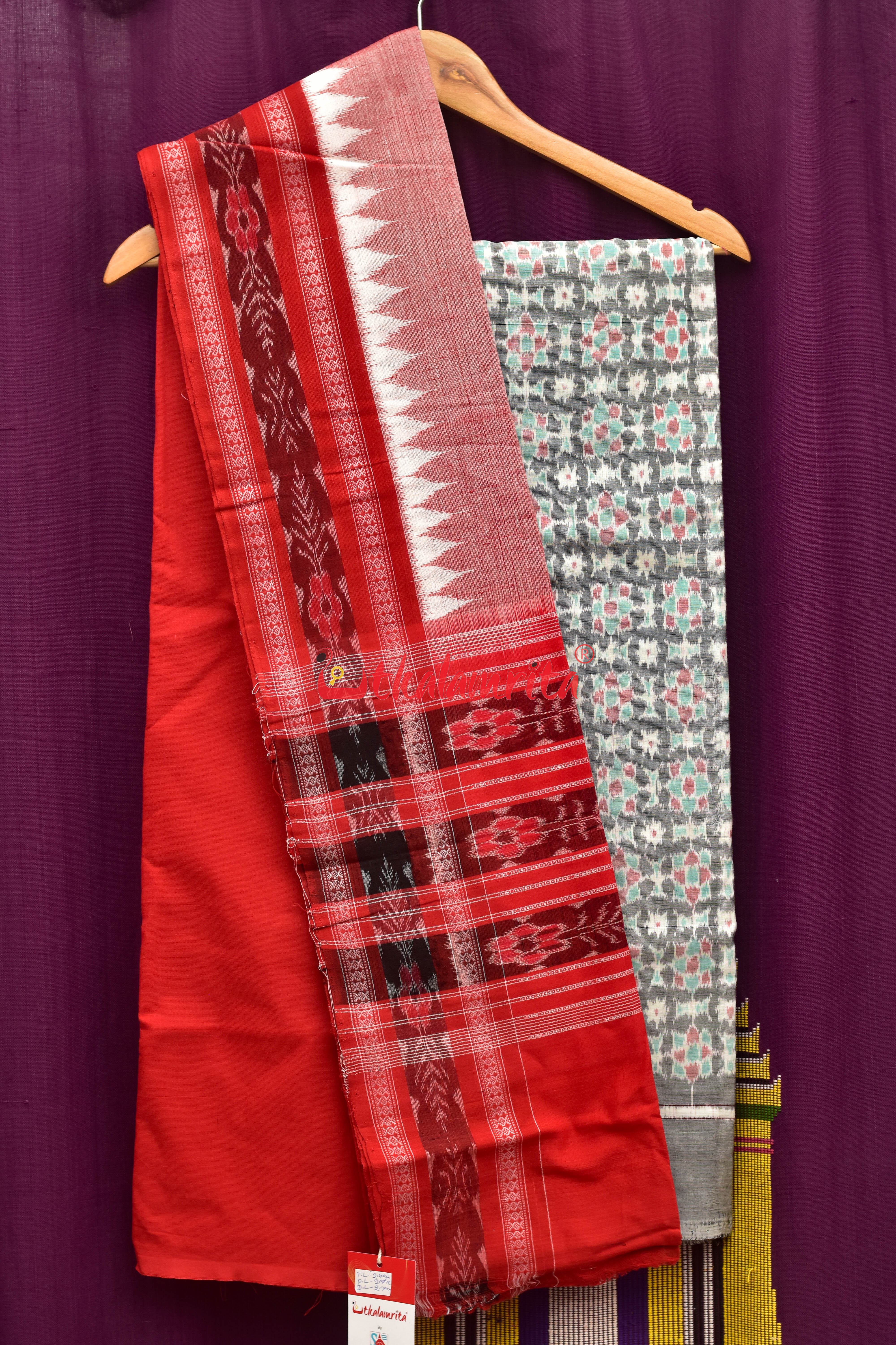 Grey Red Jhoti Flower Dress Set