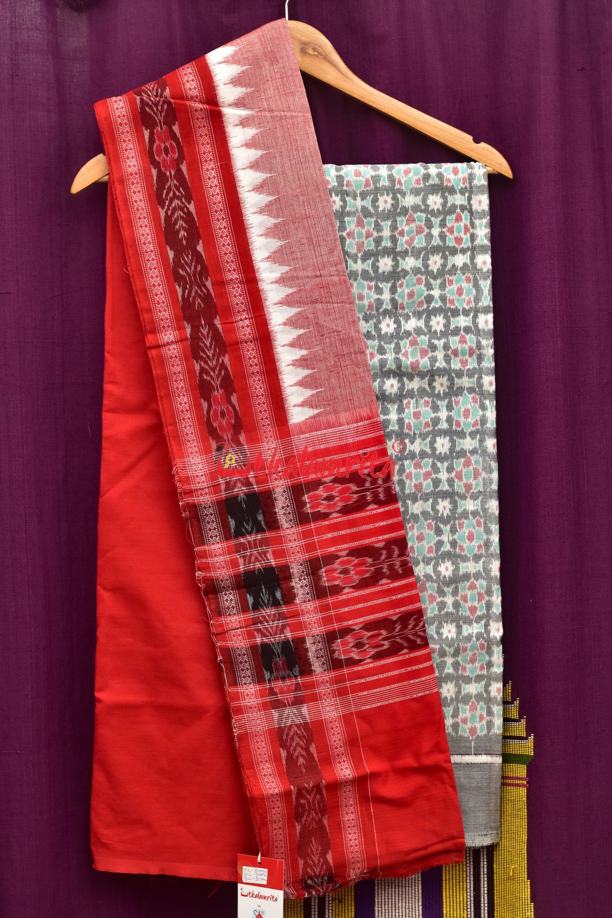 Grey Red Jhoti Flower Dress Set