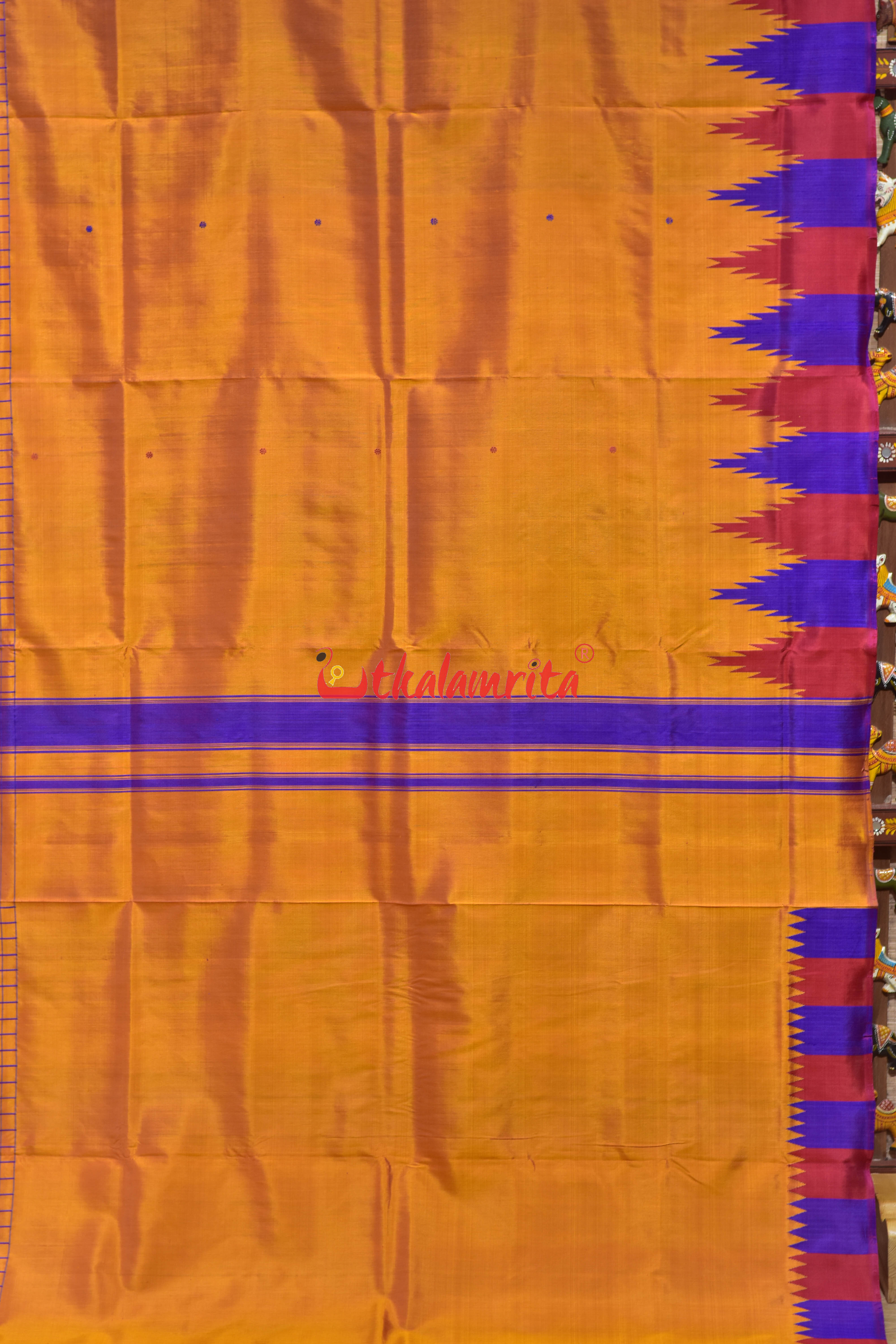 Orange with Multicolor Temple Border Double Anchal Berhampuri Silk Saree