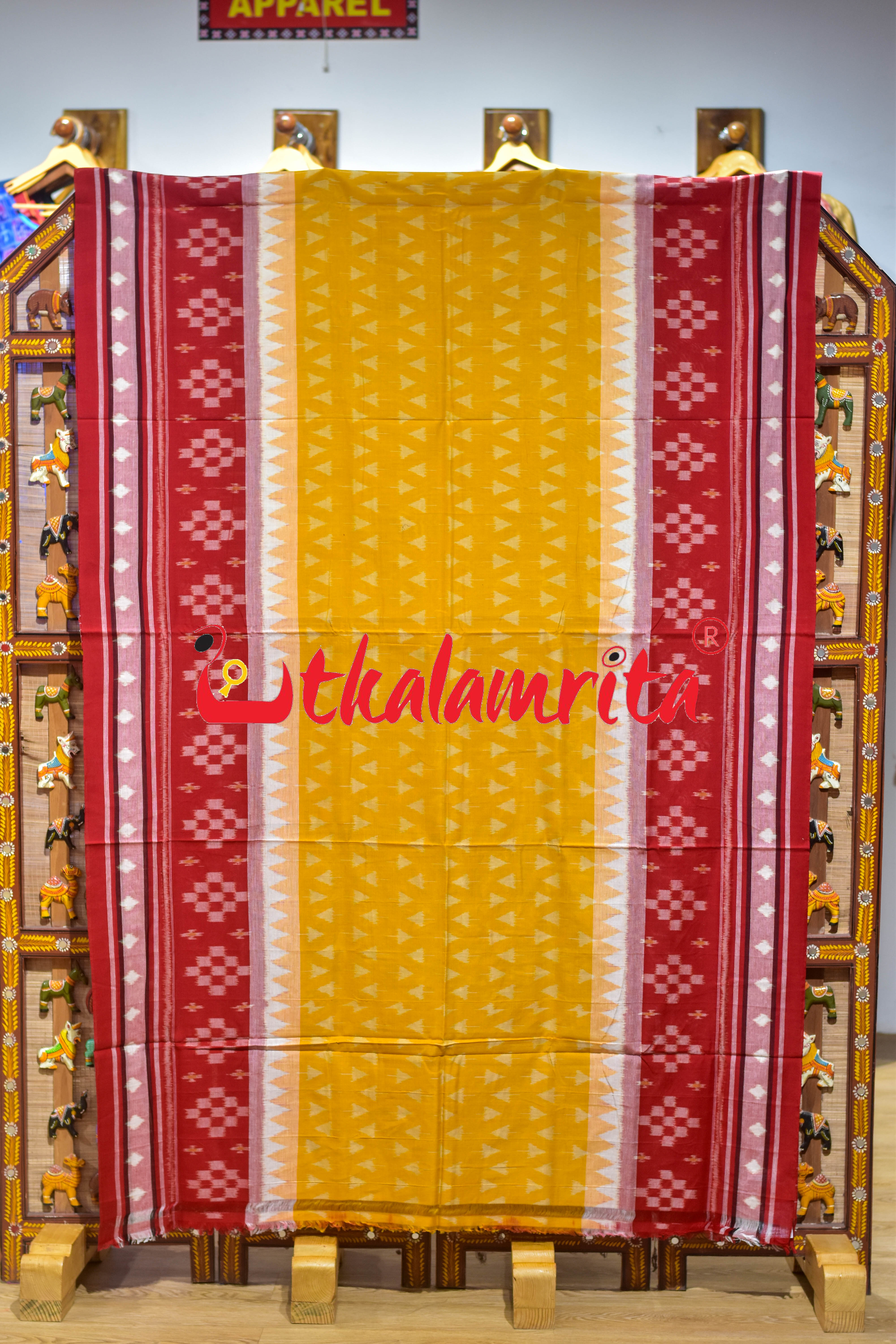 Yellow Kulfi Design Double Border Khandua Cotton Saree