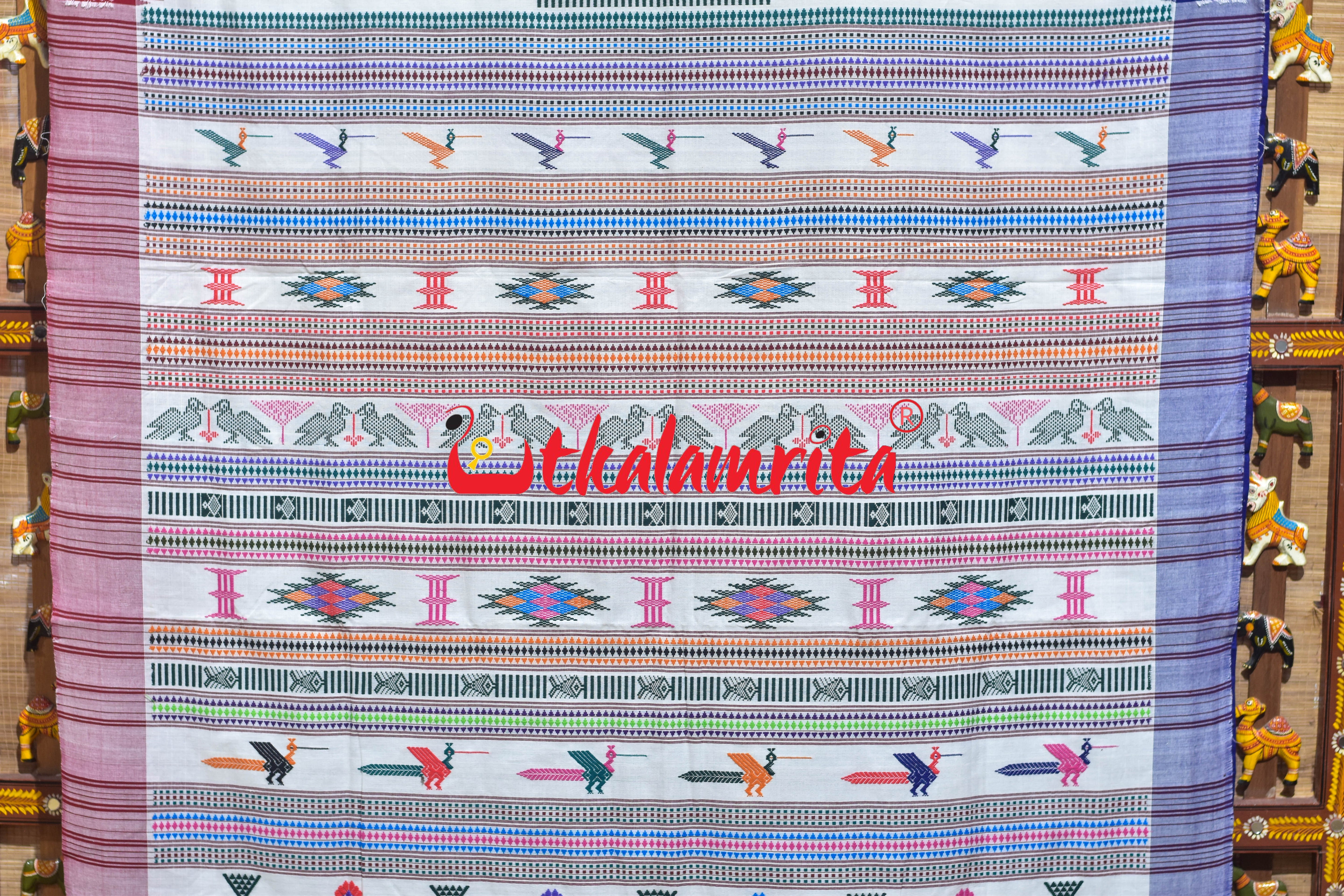 White Double Border Ganjam Bomkai Cotton Saree