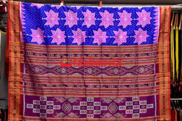 Blue Body Lotus Double Anchal Khandua Silk Saree