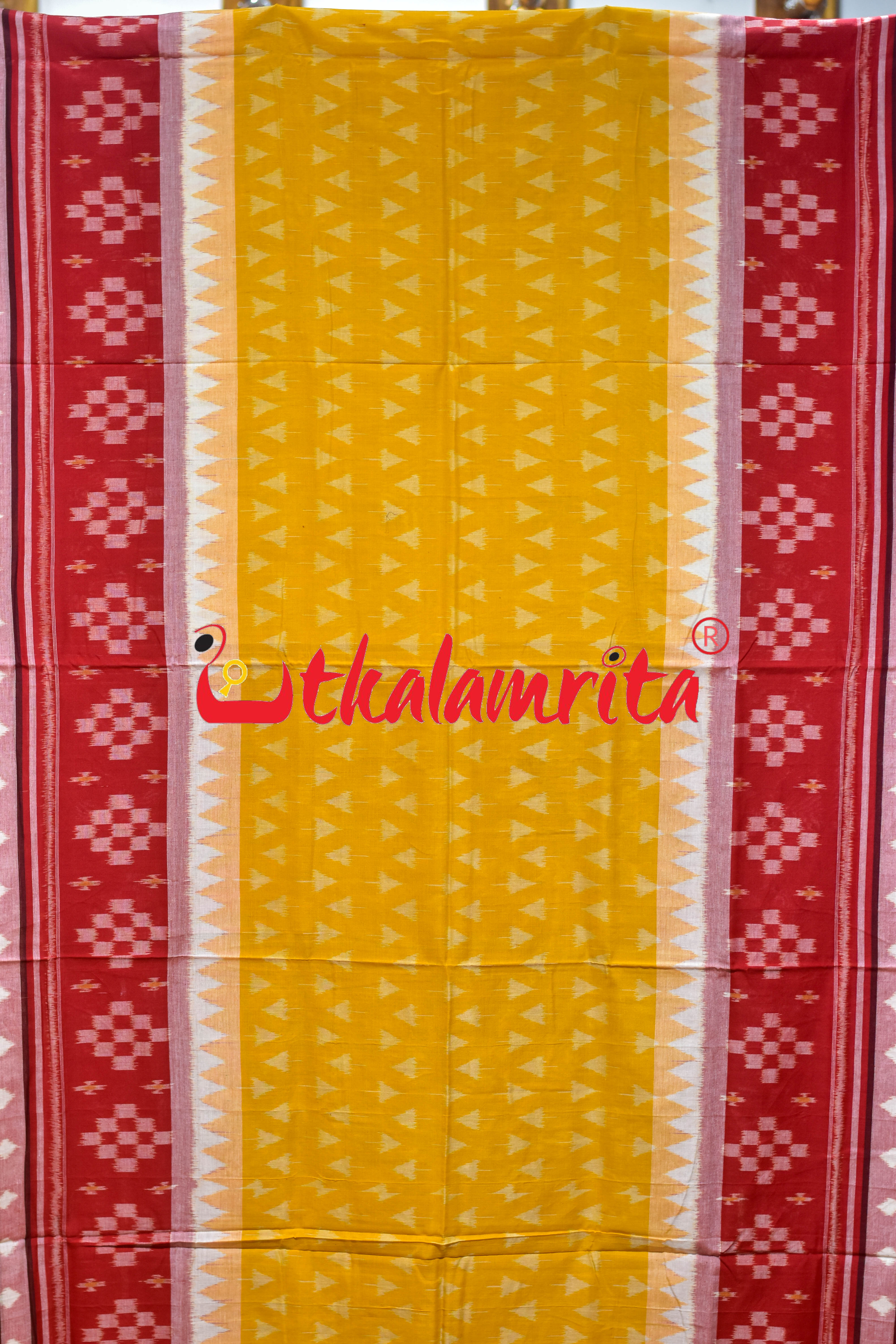 Yellow Red Middle Pasapali Khandua Cotton Saree