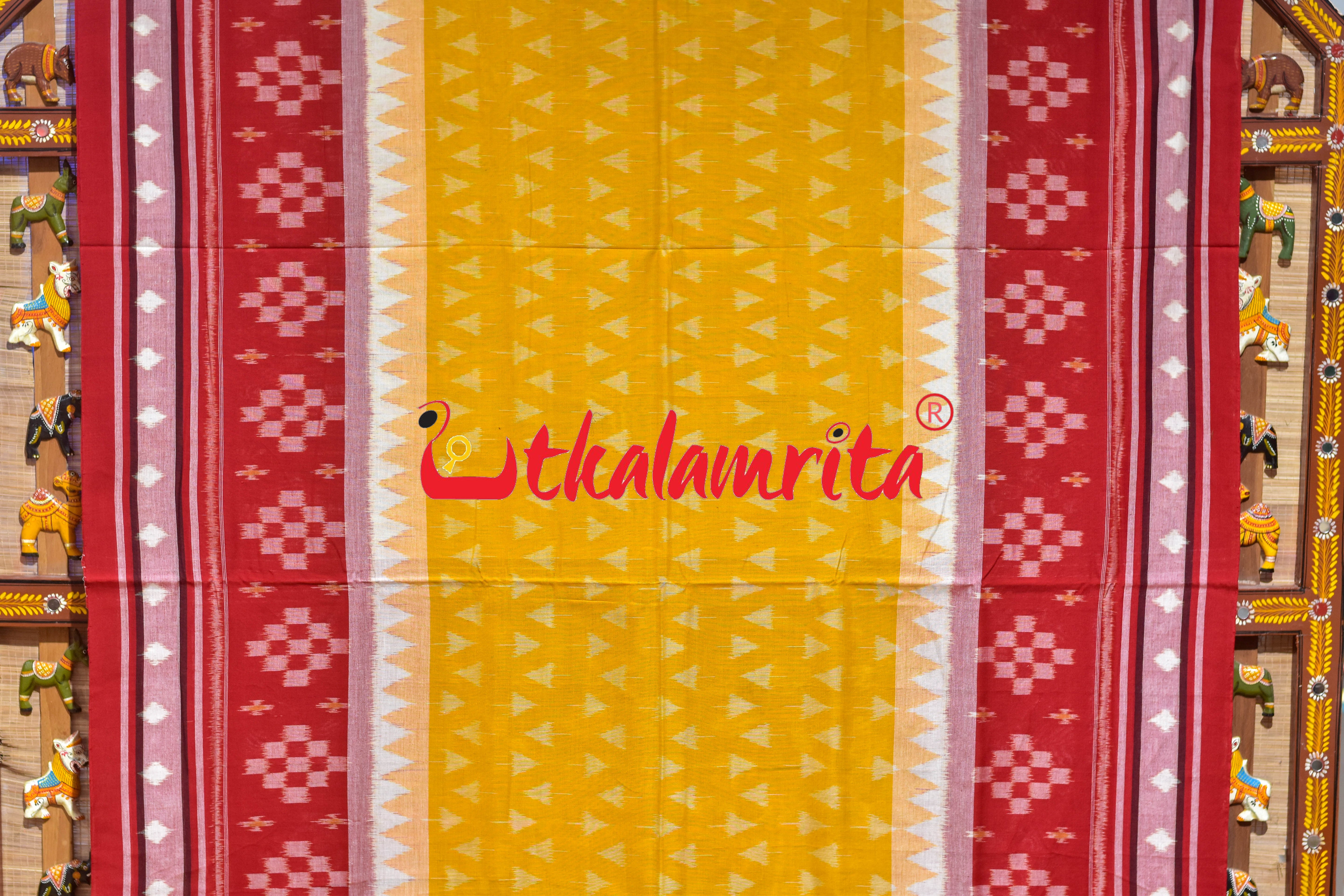 Yellow Kulfi Design Double Border Khandua Cotton Saree