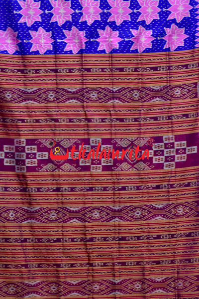 Blue Body Lotus Double Anchal Khandua Silk Saree