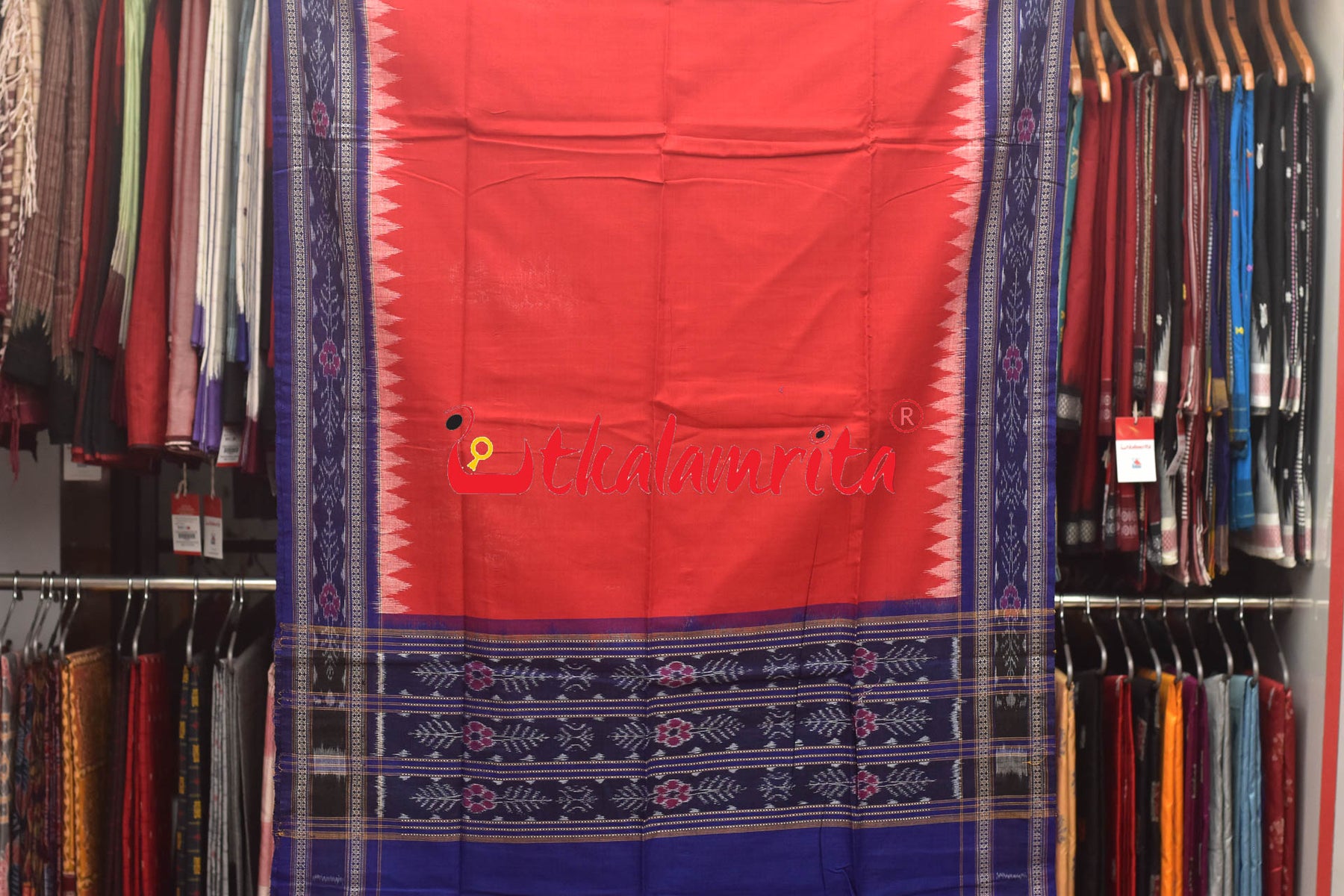 S Design Blue Red Sambalpuri Cotton Dress Set