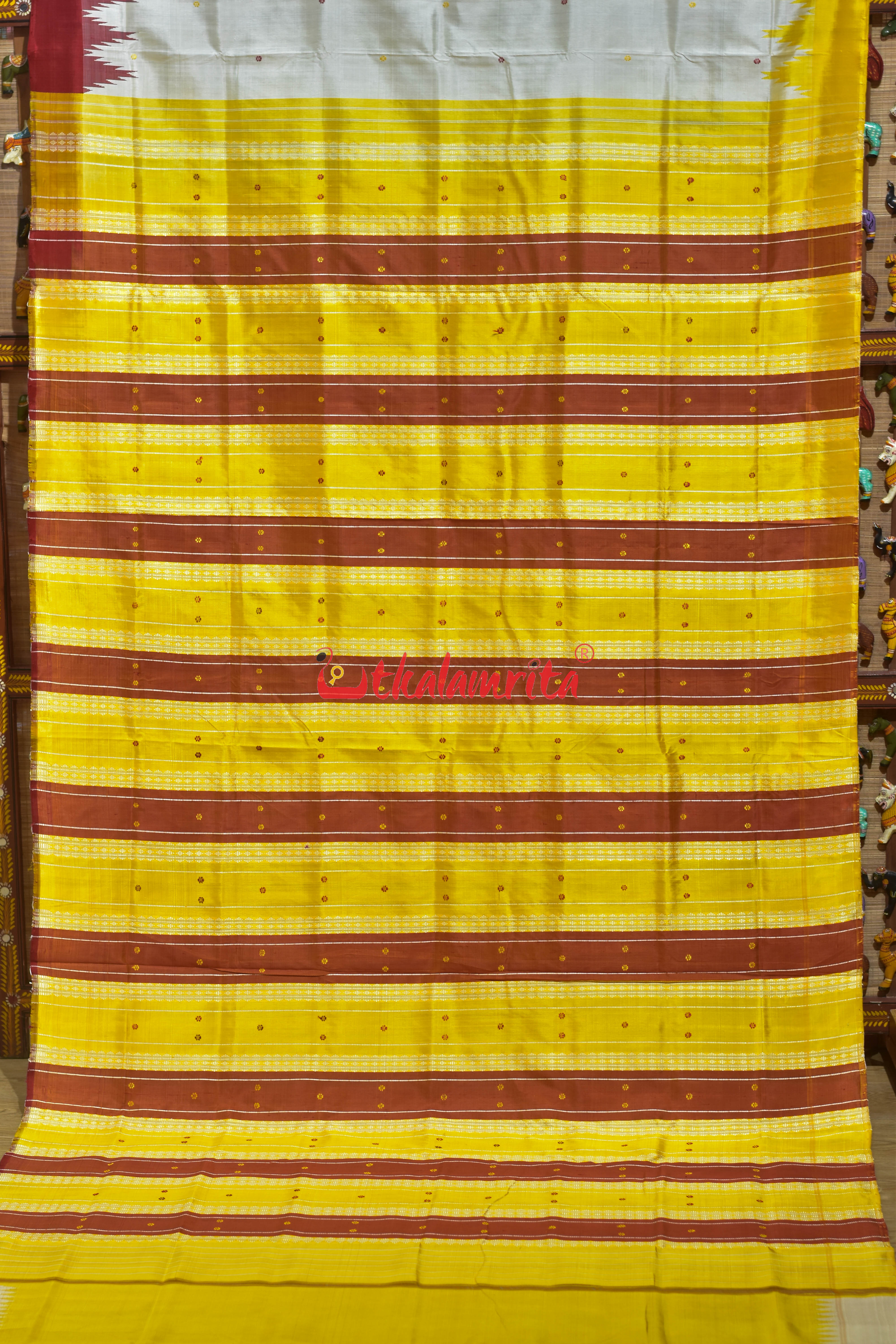 White Red Yellow Double Anchal  Berhampuri Silk Saree