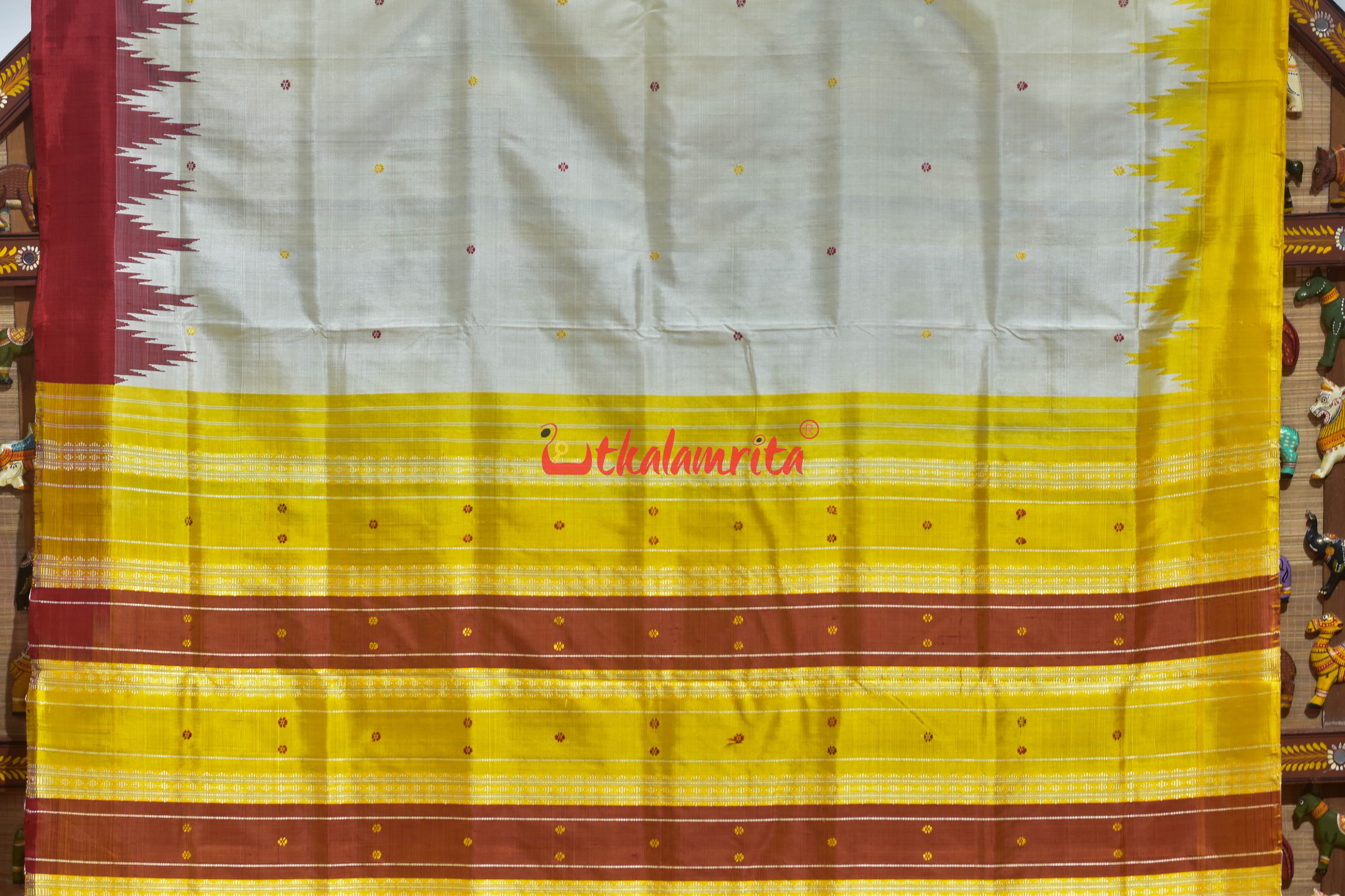 White Red Yellow Double Anchal  Berhampuri Silk Saree