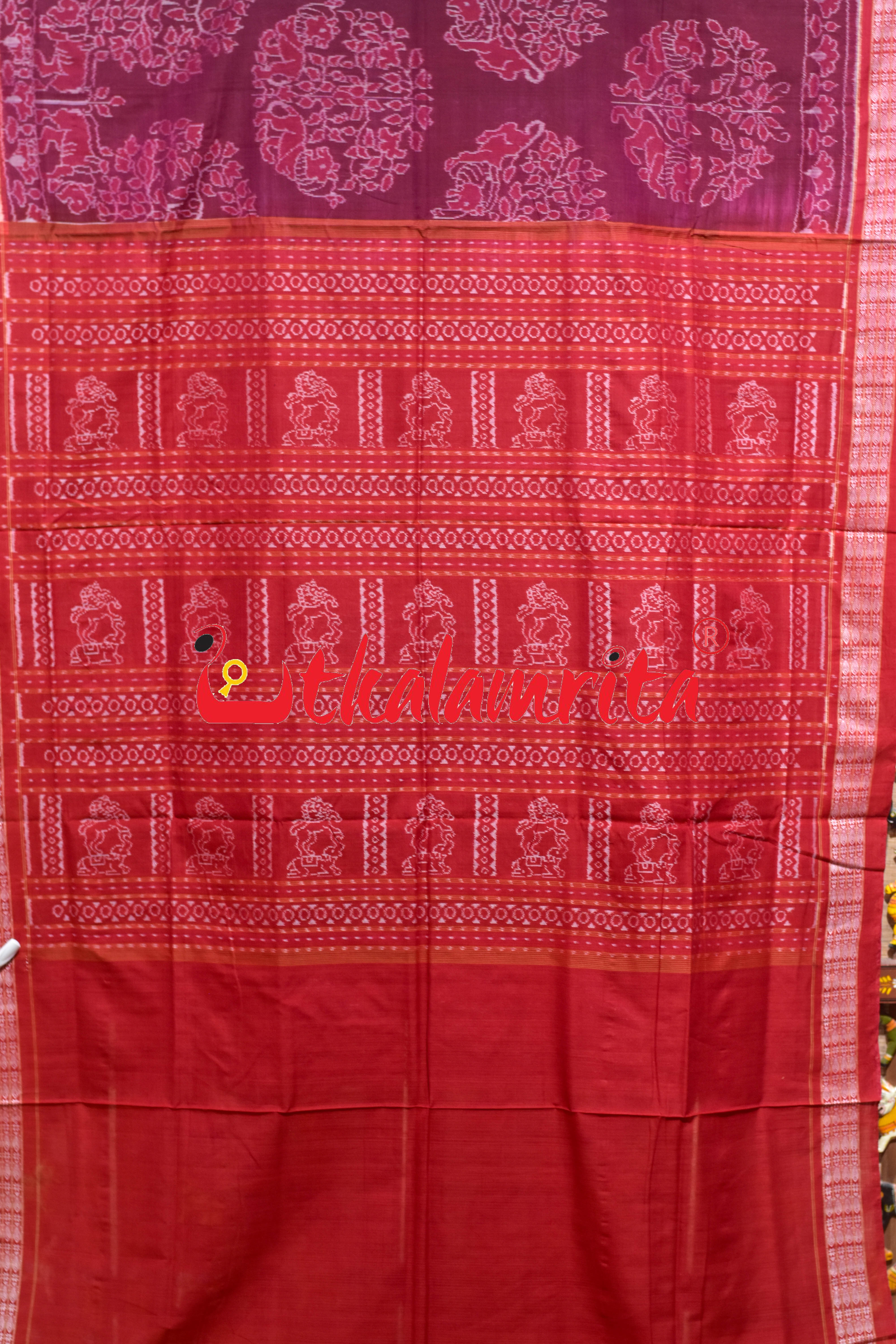 Maroon Red Tree of Life Sambalpuri Cotton Saree