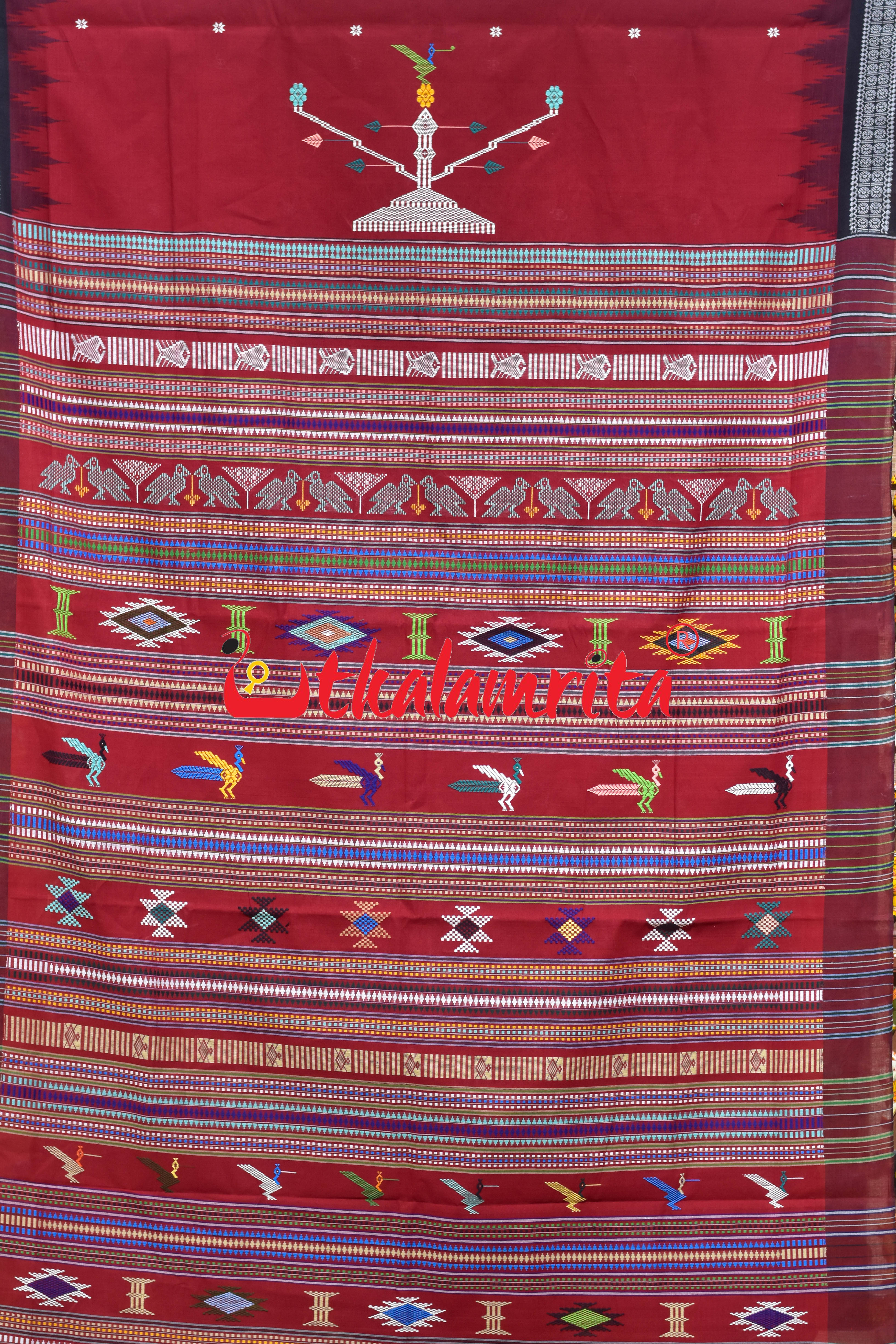 Red Black Border Ganjam Bomkai Cotton Saree