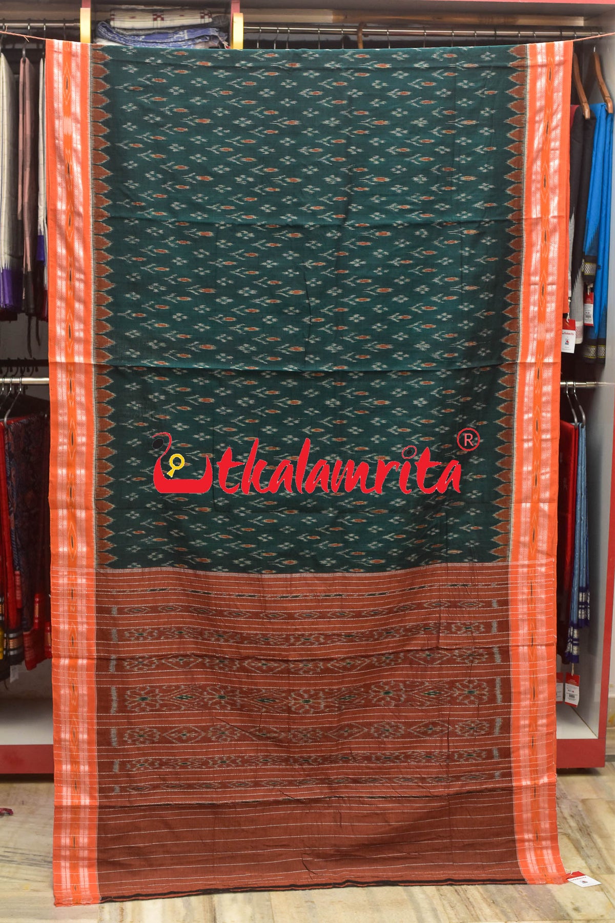 Dark Green Orange Kadha Khandua Cotton Saree