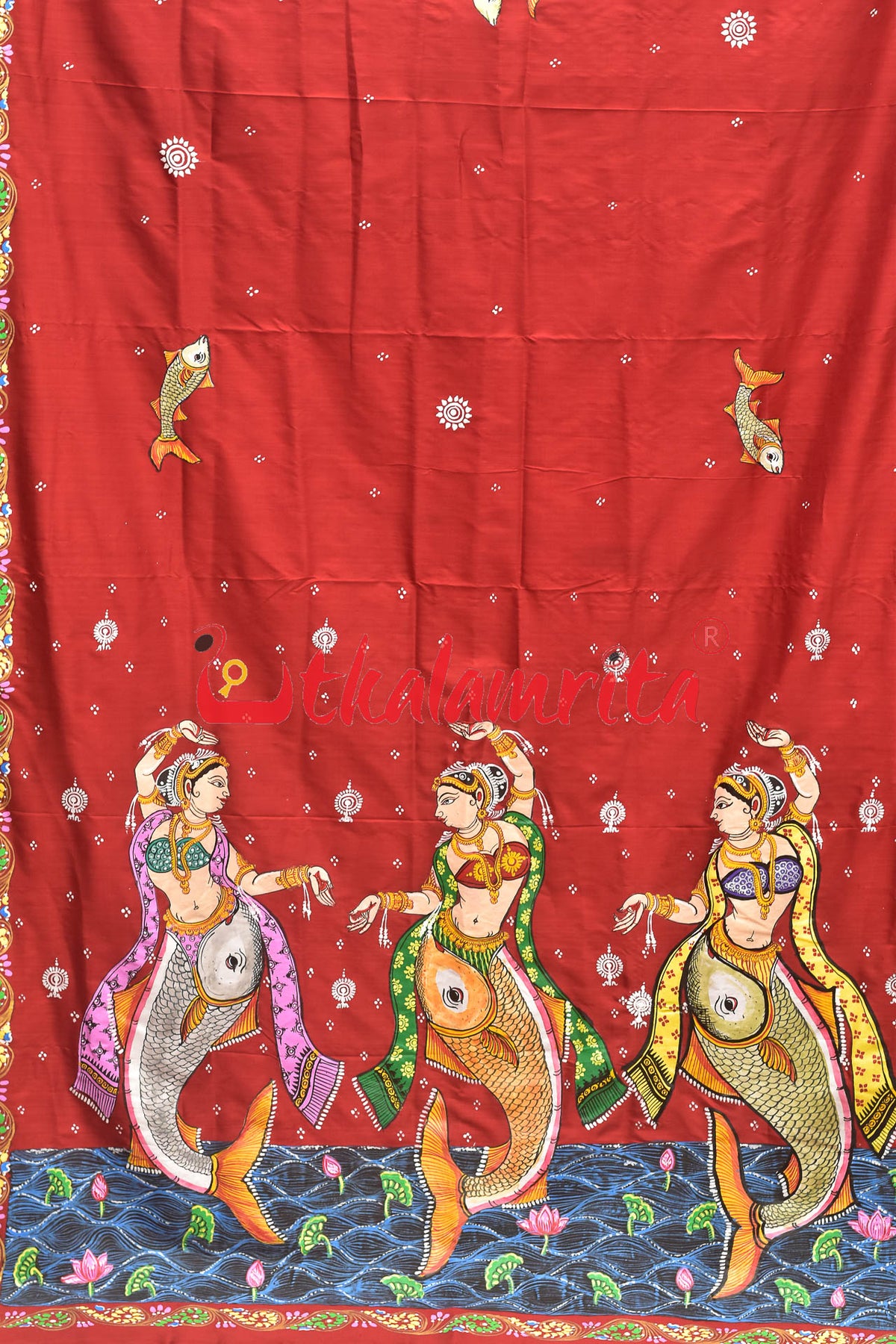 Red Mermaids Pattachitra Silk Saree