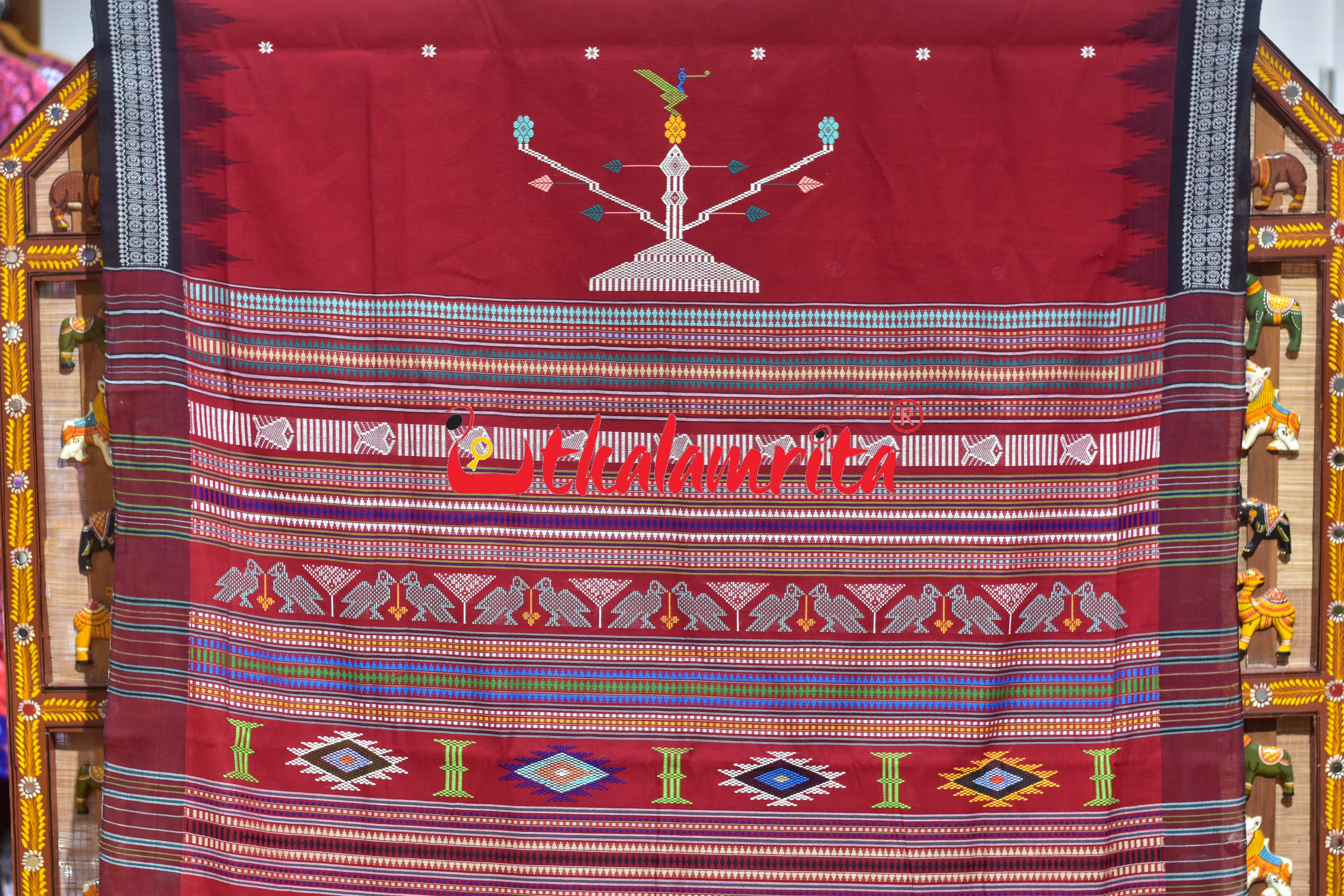 Red Black Border Ganjam Bomkai Cotton Saree