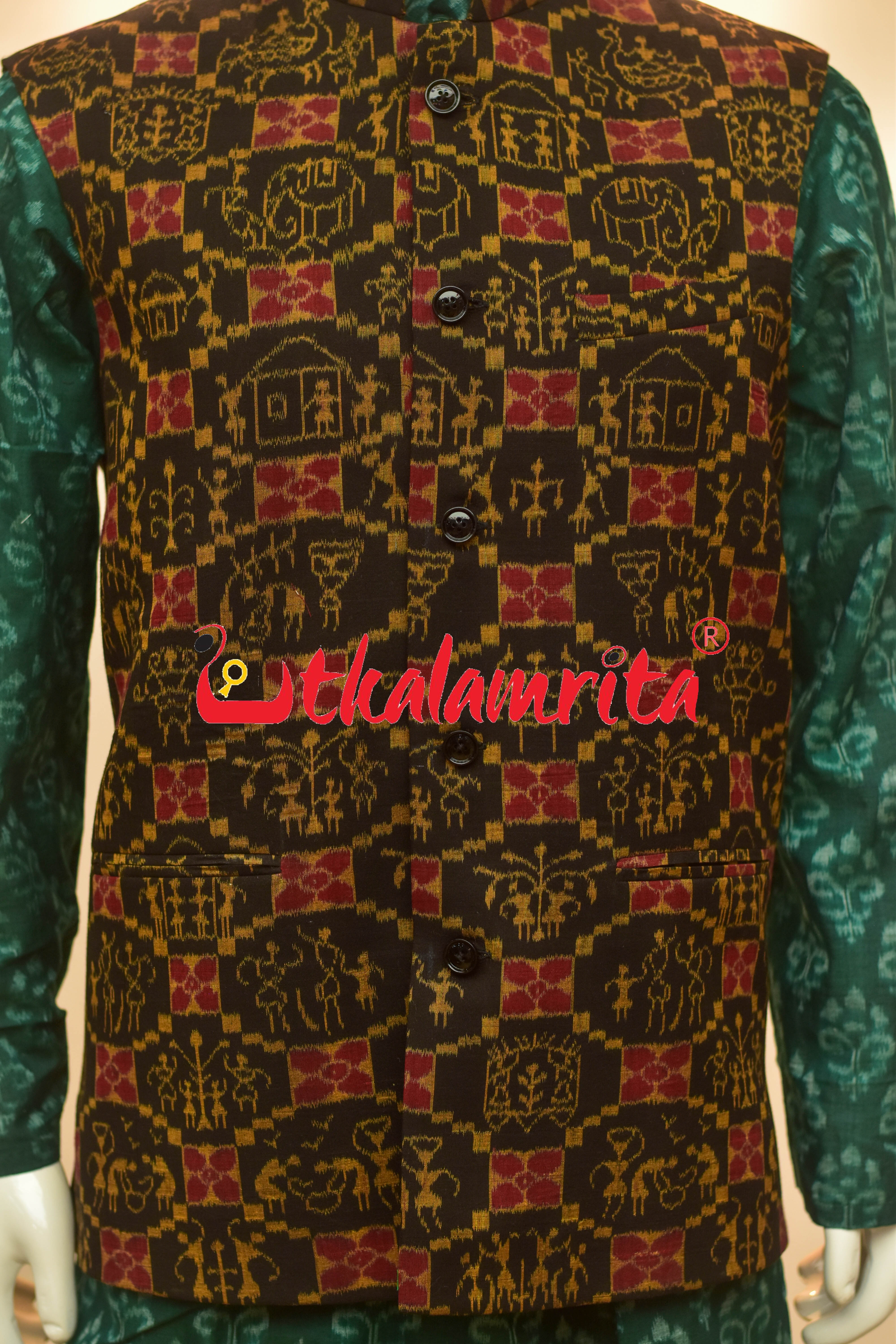 Black Mustard Tribal Theme Sambalpuri Cotton (Men's Jacket)