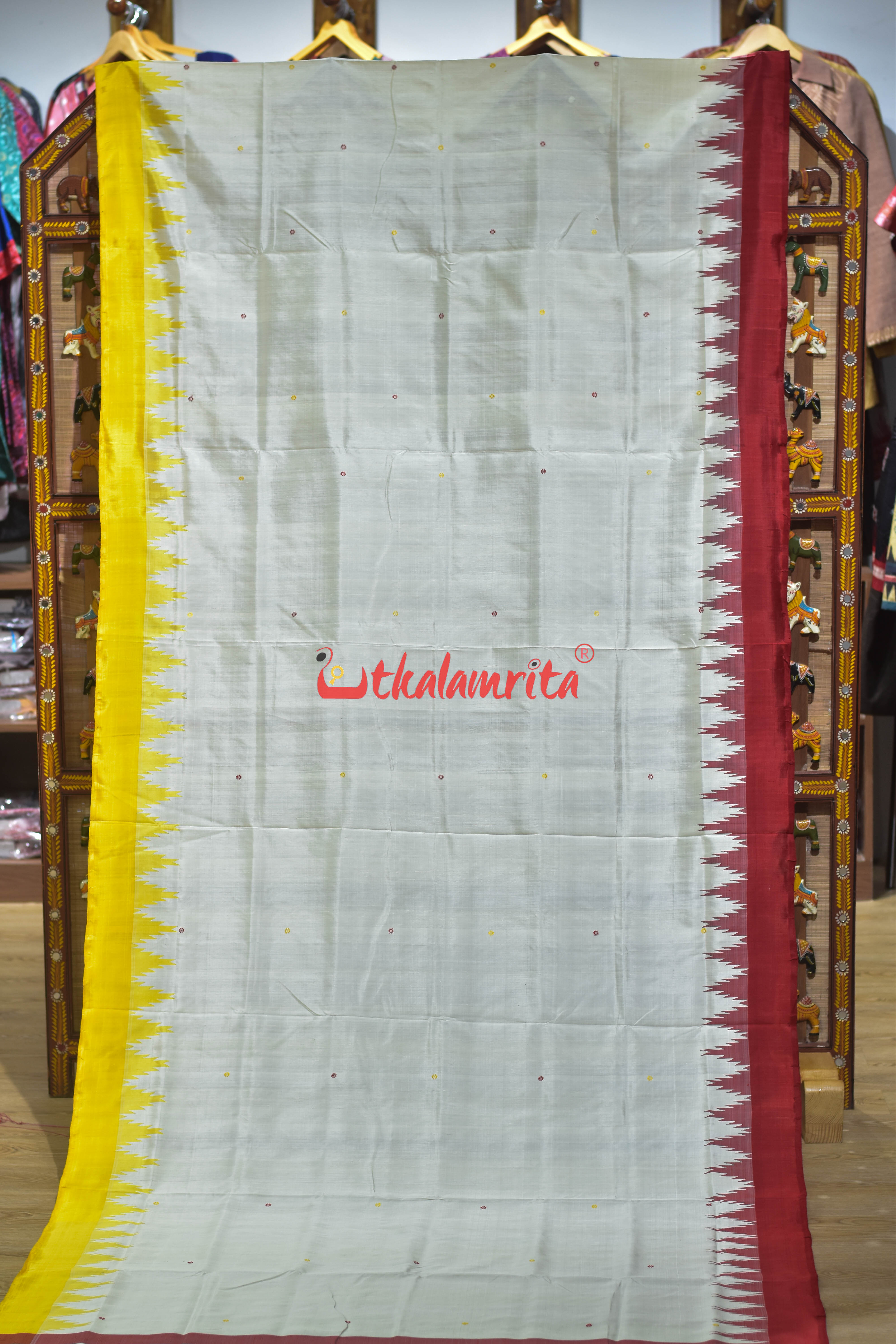 White Red Yellow Double Anchal  Berhampuri Silk Saree