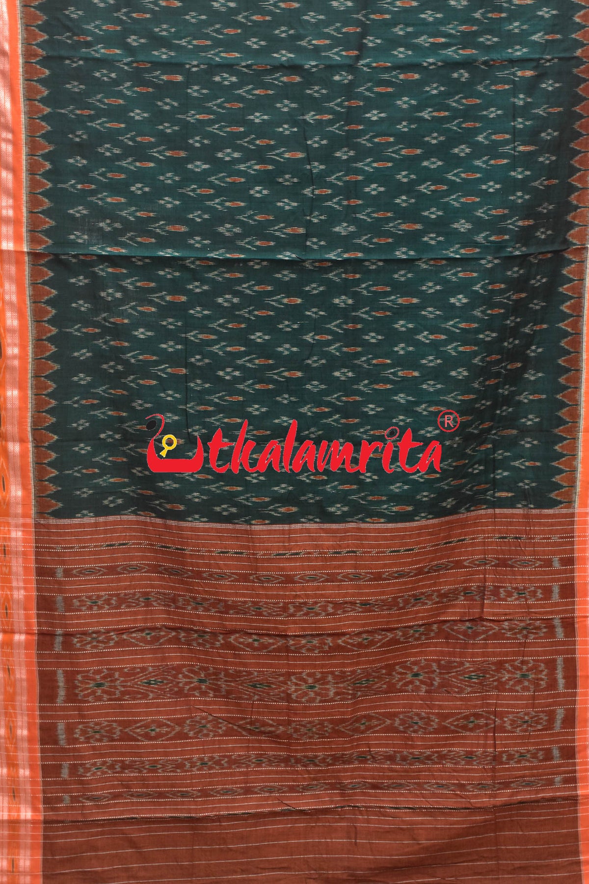 Dark Green Orange Kadha Khandua Cotton Saree