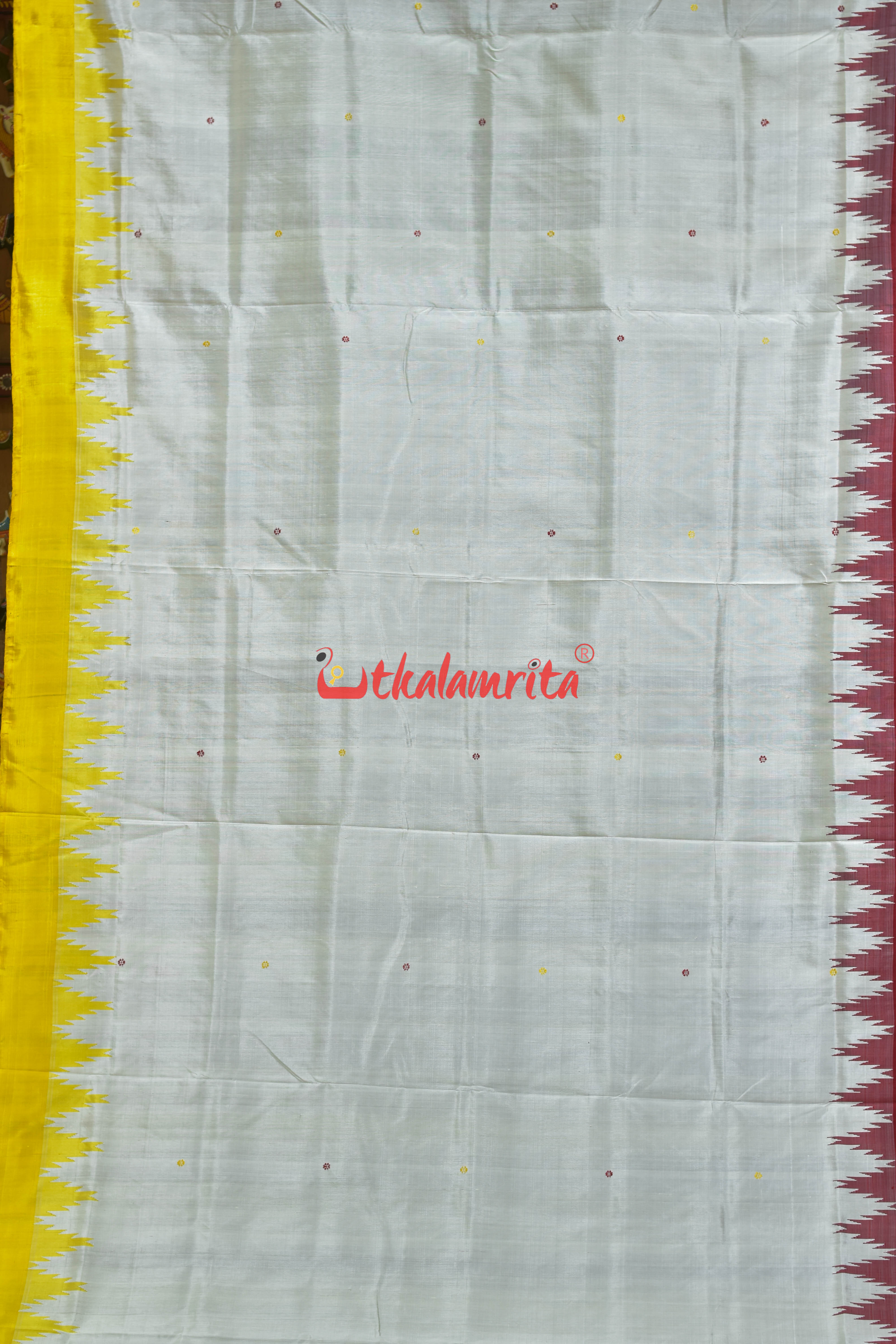 White Red Yellow Double Anchal  Berhampuri Silk Saree