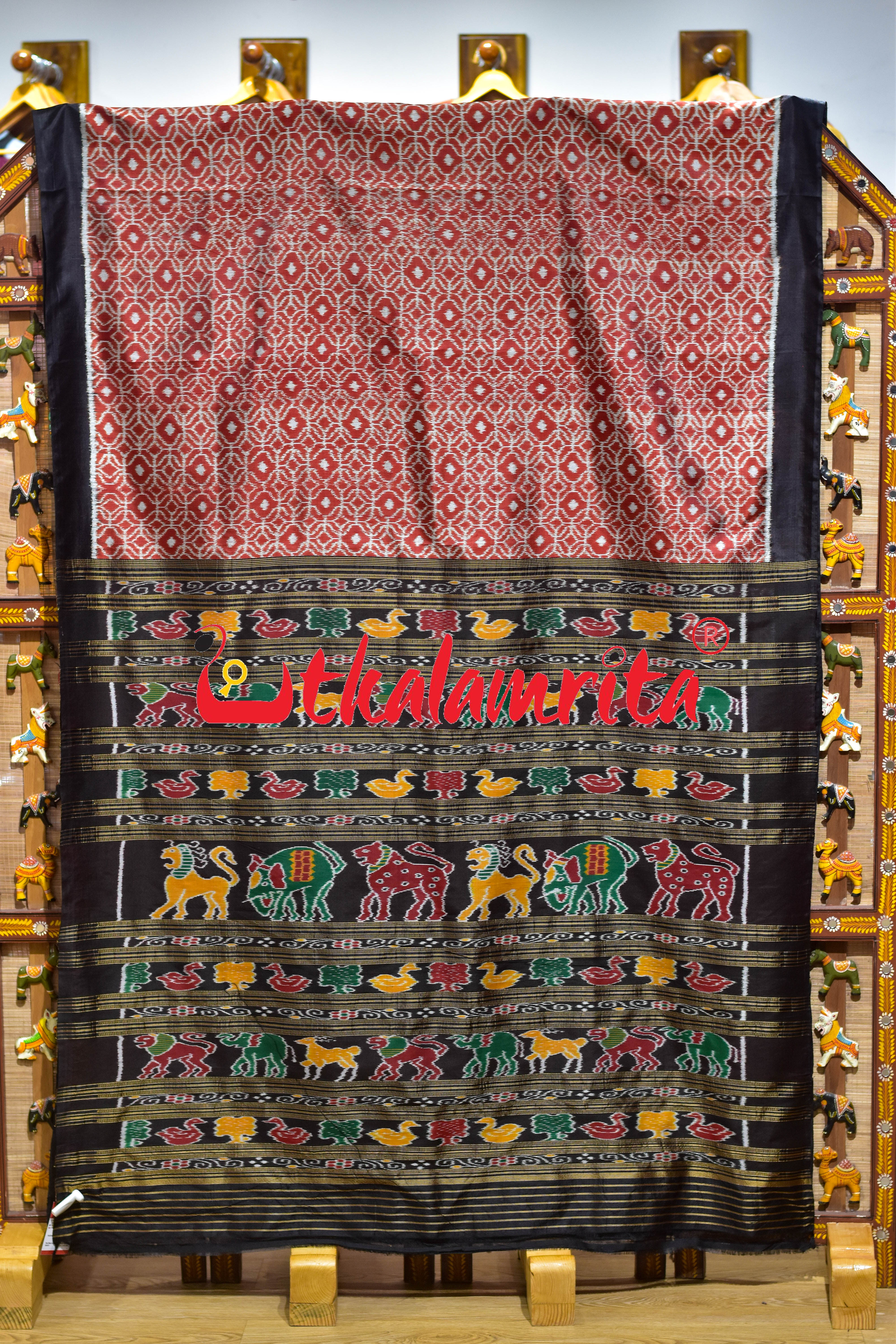 Rust Black Lining Dotted Khandua Silk Saree